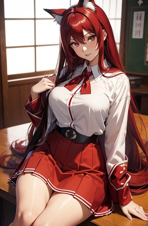 Masterpiece, rias gremory, best quality, 1girl, long hair, (((sexy))), (((realistic))), (((Curvilinear))), eyes bells, crimson red hair, straight hair, wavy hair, beautiful eyes, beautiful detailed shine, very bright, (((foxy girl))),(((Japanese school clothes)))), (skirt), (((uniform blouse))