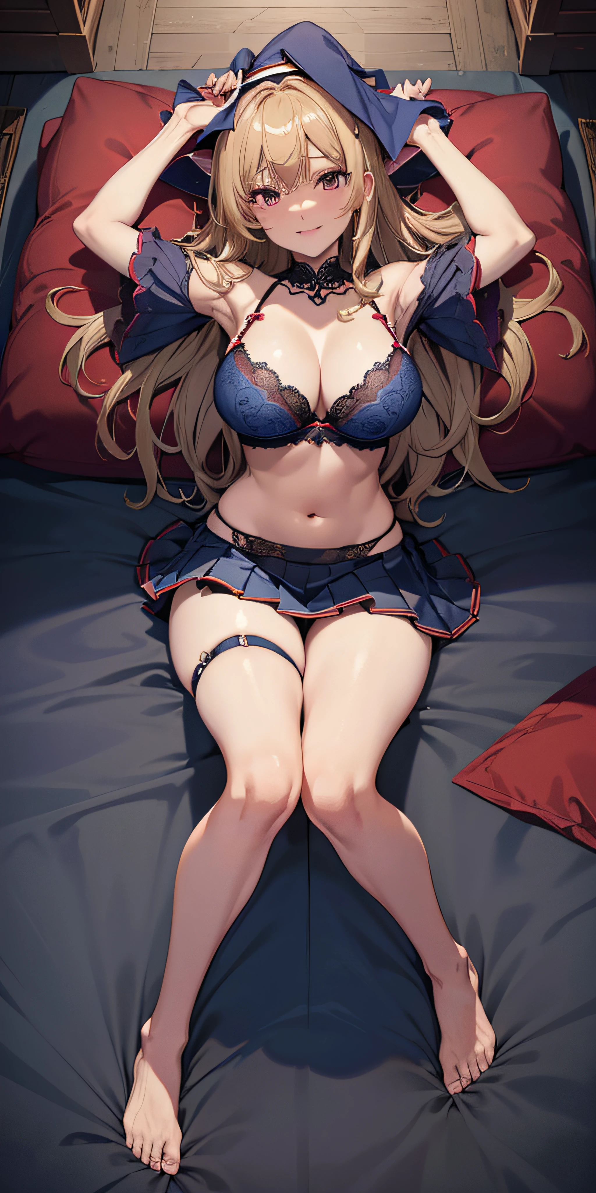 masutepiece, Best Quality, the Extremely Detailed CG Unity 8K Wallpapers, Sexy Witch Cosplay, Long dark blonde wavy hair、off-shoulder knit, (darkblue pleated skirt), soft boob, Shy laughter, Bare shoulders、sexy hips、Sexy Red Lace Bra、Sexy lace panties、Church Beds、on the beds、raise two hands、((Spread your knees apart))
