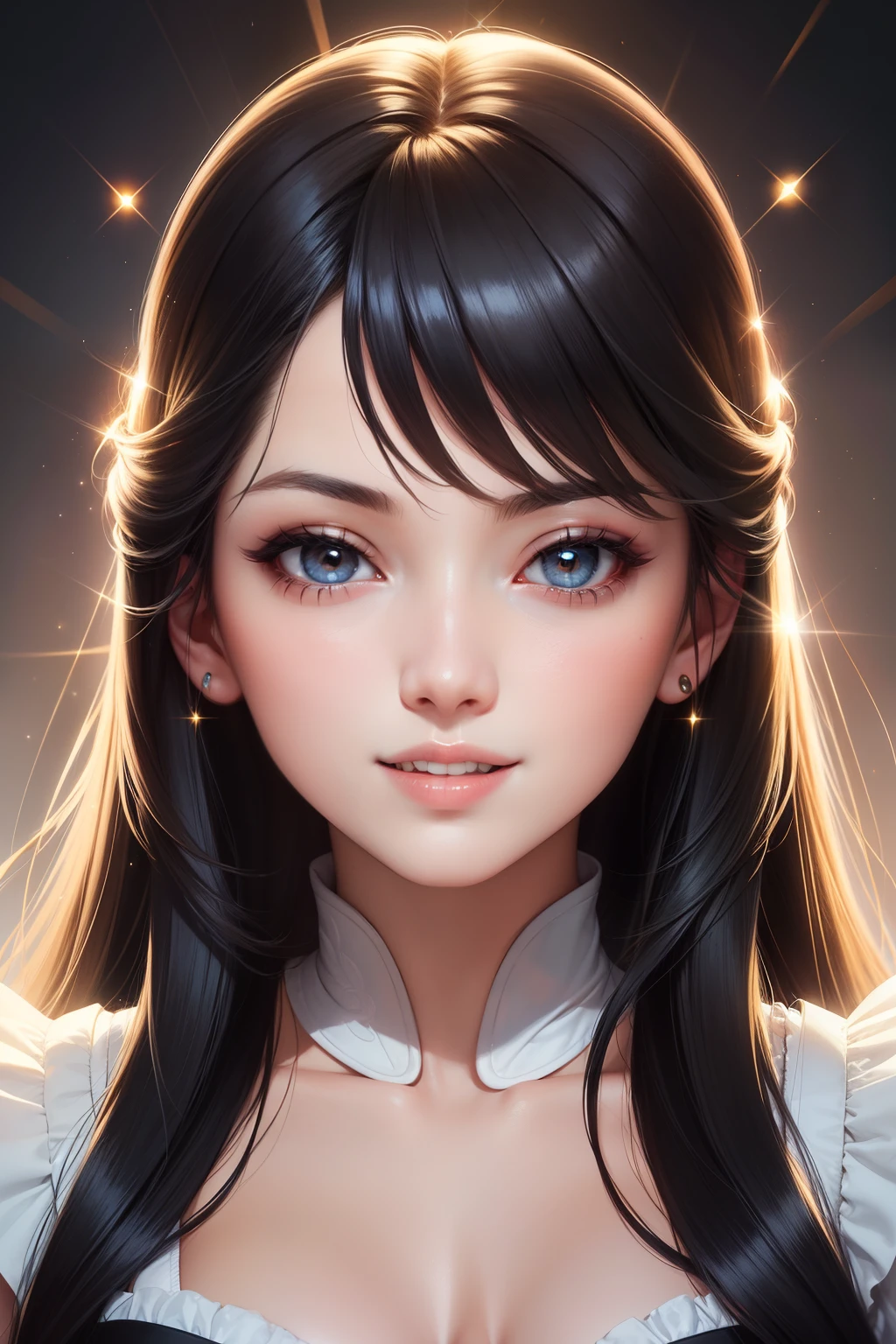 A woman with long black hair and blue eyes wearing a white blouse ...