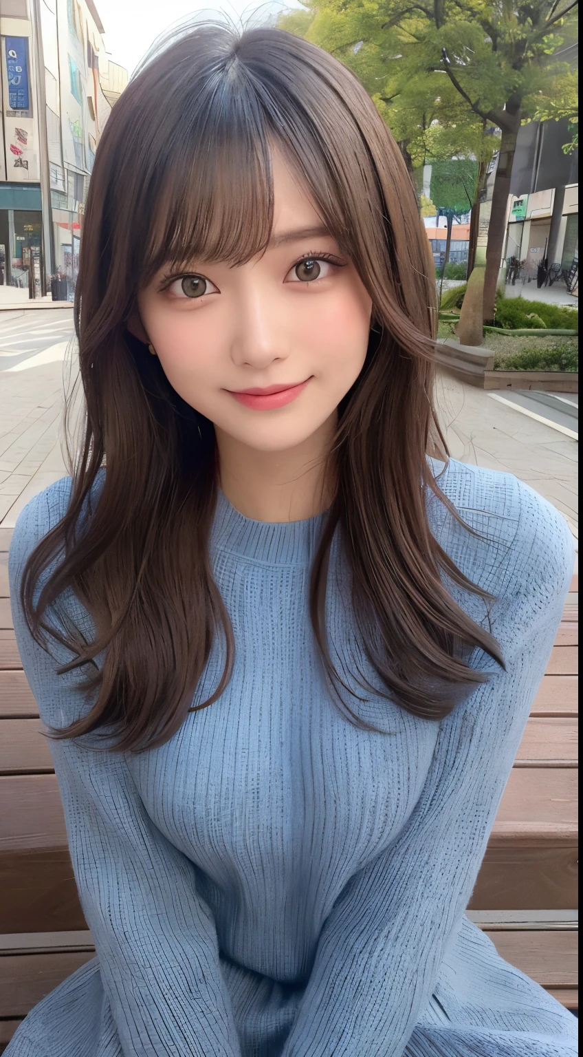 masutepiece、Best Quality、Illustration、 ultra-detailliert、hight resolution、8K Wallpapers、Perfect dynamic composition,、Beautiful detailed eyes、Women's Fashion Summer、Medium Hair、(Beautiful small breasts:1.3)、Natural Color Lip、Bold sexy poses、Smile、Harajuku、20 years girl、Cute、Sexy shot looking at camera、(top-quality: 1.3), (masterpiece: 1.3), (Super Detail: 1.3), (wall-paper, one girls: 1.1)、(Detailed hands and fingers:1.2)、(Detailed ultra-oily shiny skin:1.1)、oily shiny thighhigh、(Perfect beautiful blue gray knit dress top:1.4)、(Brown pantyhose:1.3)、Brown hair、short-hair、bouncing hair、Beautiful sister、(a park:1.2)、(Beautiful small breasts:1.2) 、sit on a bench,Raw photo