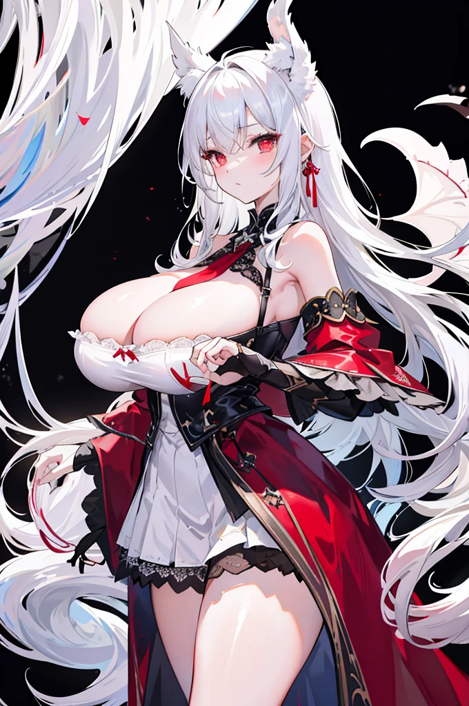 1girll,In the daytime,White dragon horn,Light,divino,Gorgeous lace lingerie,huge tit,blacksilk,Reveals lace panties,Lift the skirt,Fine details,Color gas,Big background,Long white hair,red color eyes,Chest exposed