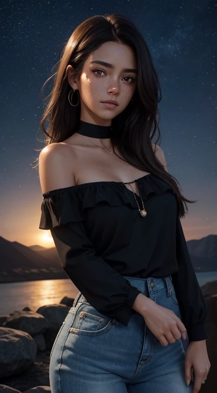 Sad young female; glowing amber eyes, dark brown hair drifting in the wind, light freckles, glistening tears,  looking longingly into the viewer's eyes; deeply in love with the viewer, dilated pupils; wearing a fitted black off shoulder blouse and blue jeans, upset with herself for having hurt the viewer; feeling vulnerable and insecure; gentle hand gesture; detailed skin, visible pores; toned slender physique; star studded night sky background; tender moment, mix of warm and cold tones