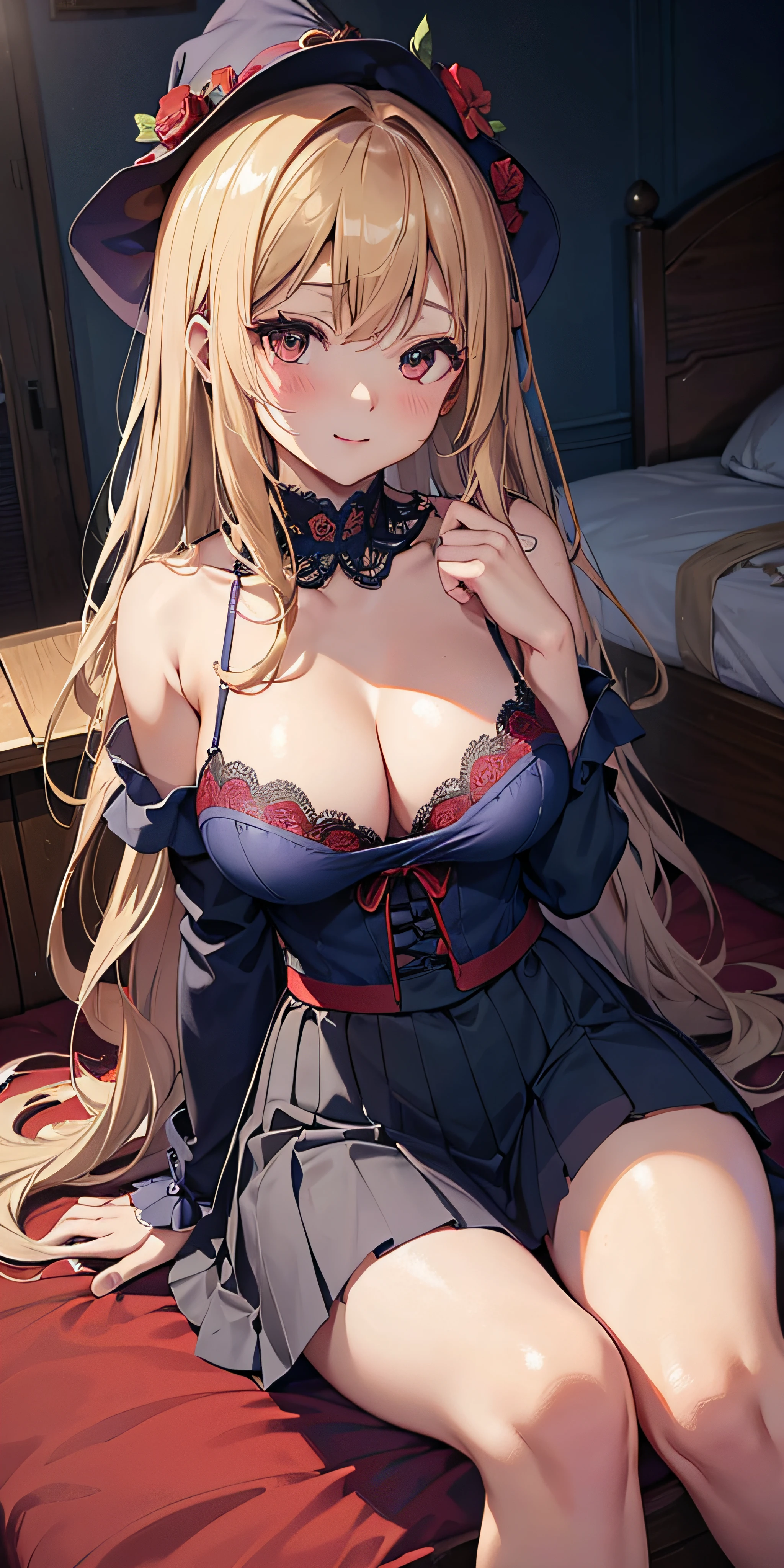 masutepiece, Best Quality,  the Extremely Detailed CG Unity 8K Wallpapers,  Sexy Witch Cosplay, Long dark blonde wavy hair、off-shoulder knit, (darkblue pleated skirt), big breasts、soft boob, Shy laughter, Bare shoulders、sexy hips、Sexy Red Lace Bra、Sexy red lace panties、Church Beds、on the beds、raise two hands、((Spread your knees apart))、(Clothes are disturbed)