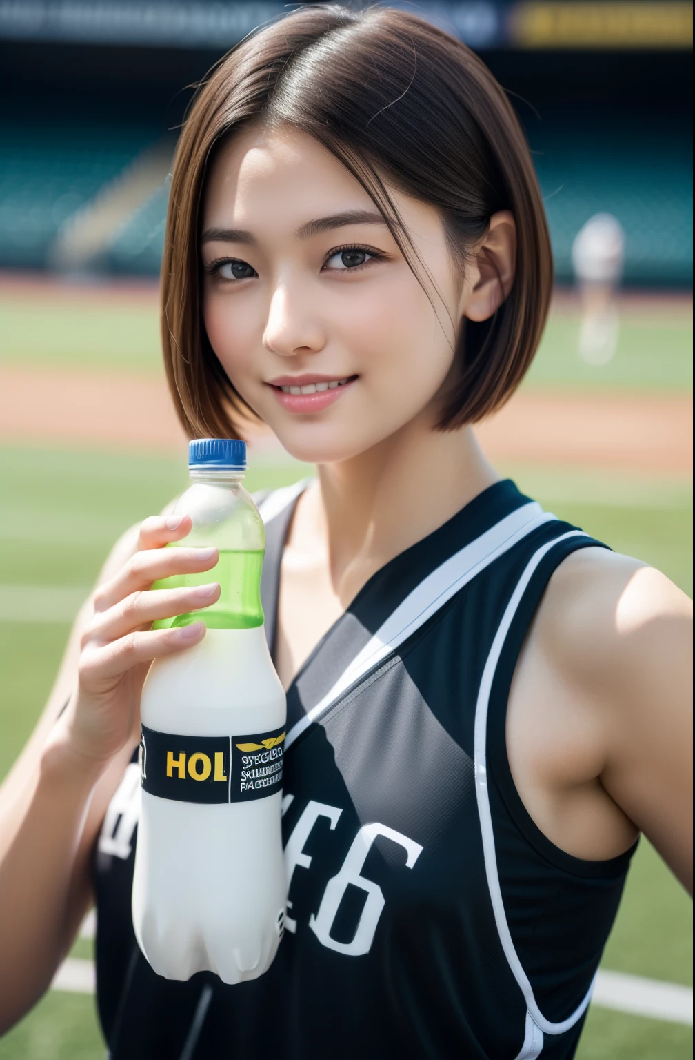 (((hold a plastic bottle in the palm of your hand)))、1girl in、((toru & Field Athletes Women))、(((1 persons)))、((Short-cut hairstyles))、Competition uniforms、((Stadium))、Transcendent Cute、A slight smil、Beautiful breasts、full body Esbian、athletic field、((Outstanding style))、((Healthy body))、 Women in Japan、Photorealsitic、Beautiful detailed eyes、Hyper-Realism、highcontrast、Ultra HD、realistic skin textures、Top image quality、top-quality、超A high resolution、Fine details、Very meticulously