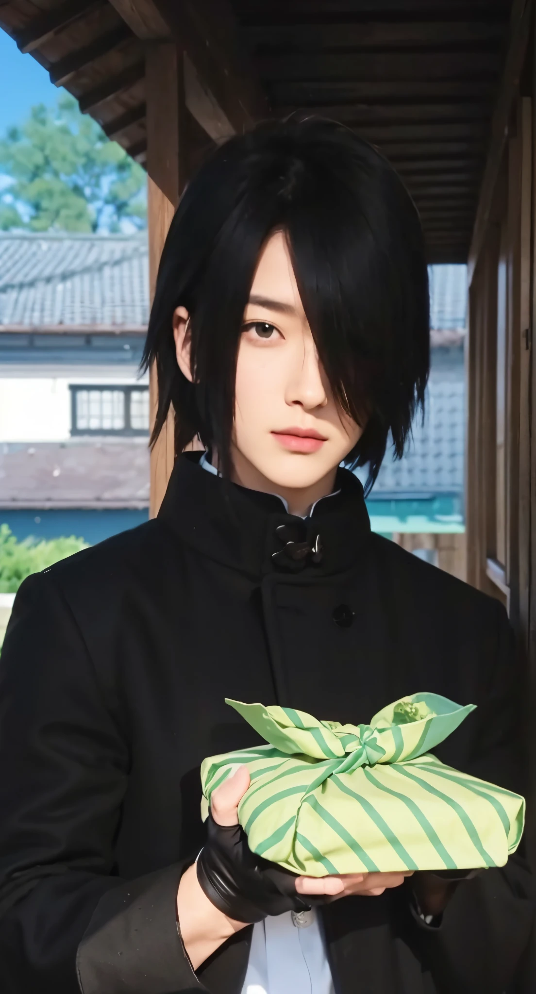 Real life adaption of this character, handsome,realistic same hair, (realistic same outfit wear realistic black coat), realistic same background , realistic light, realistic shadow, realism, hyper realistic,(photorealistic:1.2),