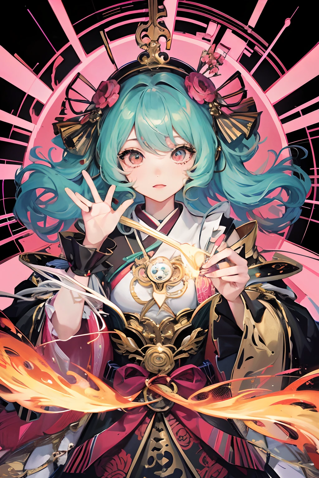 Japanese cartoon_artwork of a, rococo, grand_photore, Polaroid, vred_girl, neon_glowing_the hair, kanon_5 days_labeled_4, neon_optic, Kodak_hectare, Dragon Flying Phoenix Dance, pastels_colours, curving_ligne, meticulously made_the detail, rococo, j art.C. Leondek