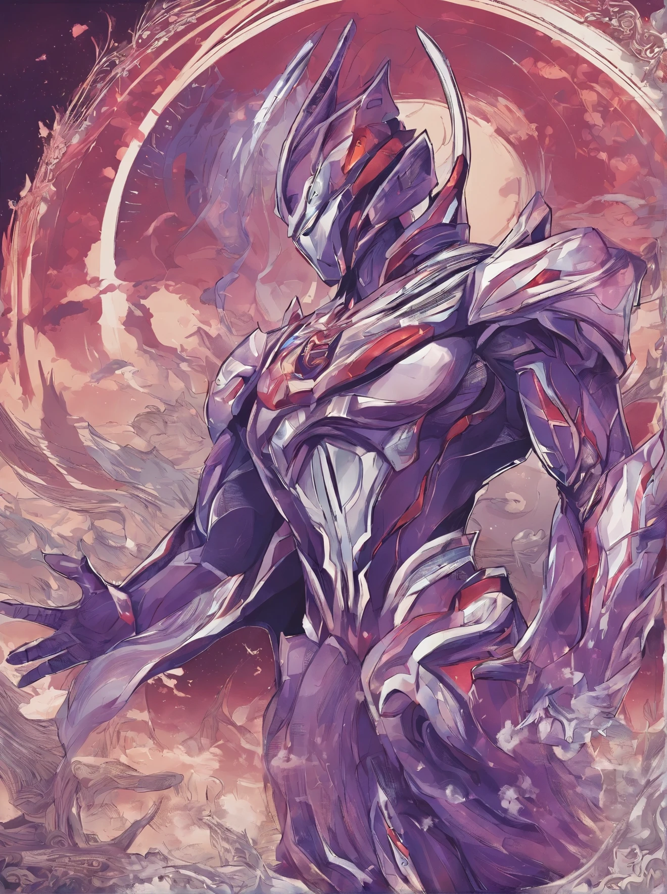 [ Amazing | astounding | delicated ] [Visually inspect the audience]Ultraman&#39;s character statue ， （Best quality， tmasterpiece）， 1人， looking at viewert，lightwave ， City smoke background， upper part of body， Contemporary，Purple Ultraman Tiga Color Color。[dot paper effect]