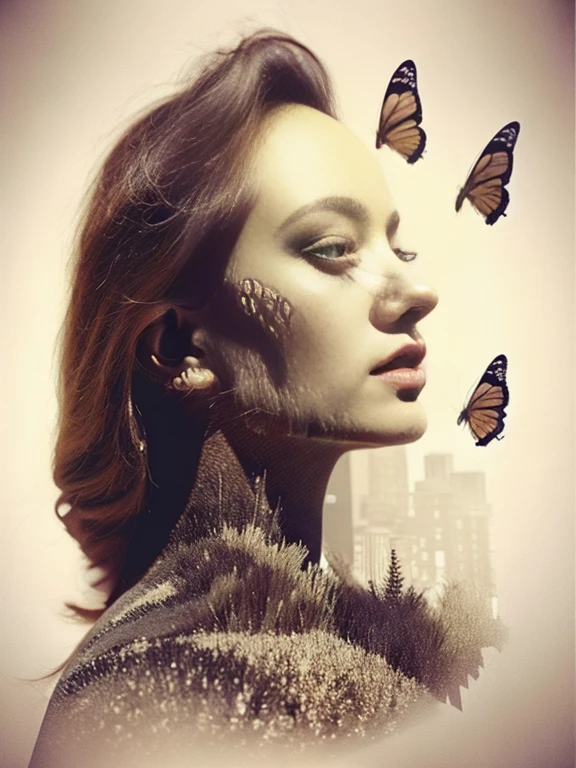 a beautiful woman'Face covered with butterfly tattoos,Inspired by the movie《The Silence of the Lambs》poster for,Surreal,terror,Thriller,3 Rendering,Wonderful and magical