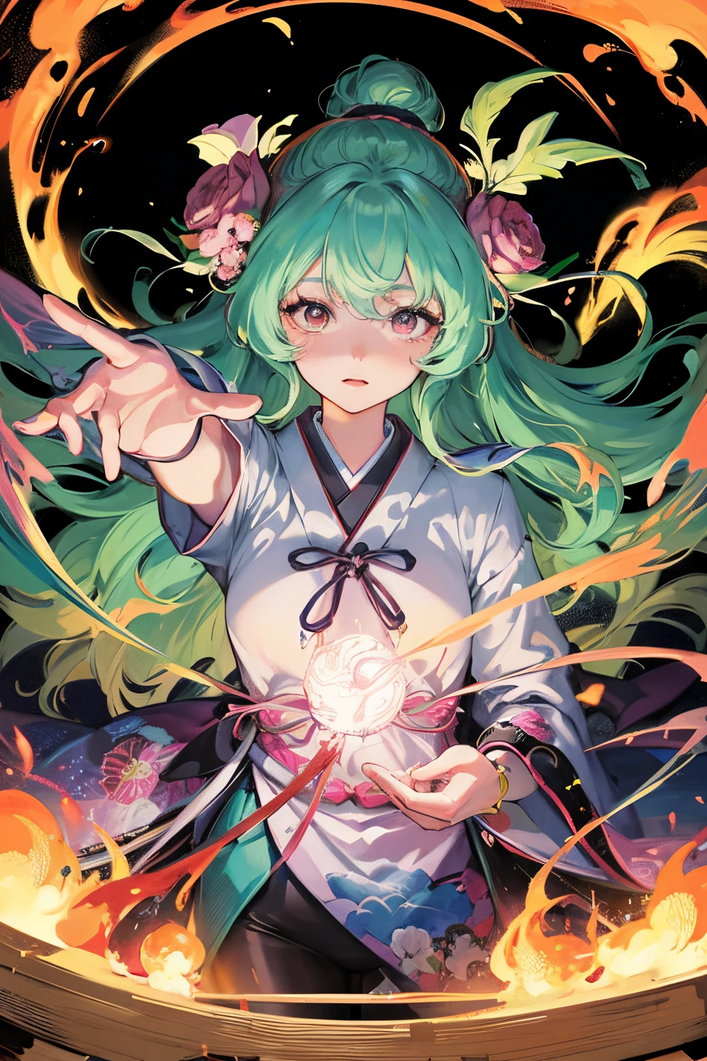 Japanese cartoon_artwork of a, rococo, grand_photore, Polaroid, vred_girl, neon_glowing_the hair, kanon_5 days_labeled_4, neon_optic, Kodak_hectare, Dragon Flying Phoenix Dance, pastels_colours, curving_ligne, meticulously made_the detail, rococo, j art.C. Leondek