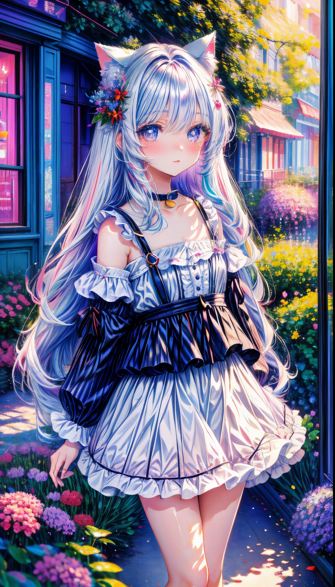 (masterpiece, high quality, highres,Highest picture quality),
BREAK
blurry background, (colorful:0.7), (eyes focus:1.2), looking at viewer, upper_body, fisheye, (indoors:1.1), cuteg, warm light, cute cat ears,
BREAK
1loli, standing, solo, ^ ^, (leaning_forward:1.1), arms_behind_back, (wide-eyed:1.1), head_tilt, bare shoulders, small breasts, long eyelashes, collarbone, (blush:0.95),
BREAK
shiny skin, shiny hair,(bright pupils:1.1),Curious,detailed eyes,hair ornament, long hair, two side up hair,white hair, upskirt, shiny eyes,