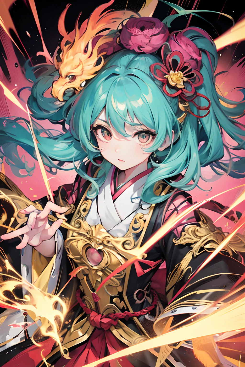 Japanese cartoon_artwork of a, rococo, grand_photore, Polaroid, vred_girl, neon_glowing_the hair, kanon_5 days_labeled_4, neon_optic, Kodak_hectare, Dragon Flying Phoenix Dance, pastels_colours, curving_ligne, meticulously made_the detail, rococo, j art.C. Leondek
