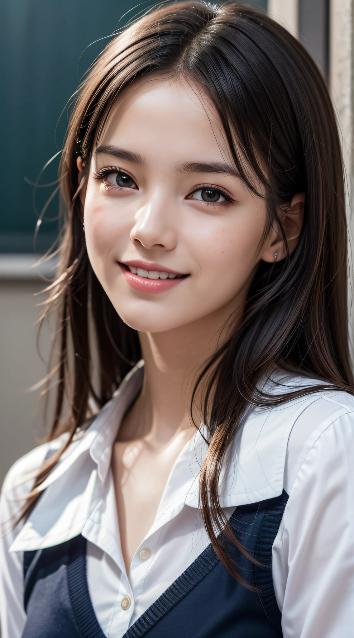 1girl in, Extremely cute, Amazing face and eyes, (Beautiful lovely smile), (extremely detailed beautiful face), bright and shiny lips, Keep staring at me, Super beautiful, (School uniform:1.3), (Best Quality:1.4), (hyper quality), (Ultra-detailed), (Hyper-realistic, Photorealsitic:1.37), Authentic skin texture, Highly detailed CG integrated 8k wallpapers, RAW Photos, professional photograpy, Cinematic lighting,