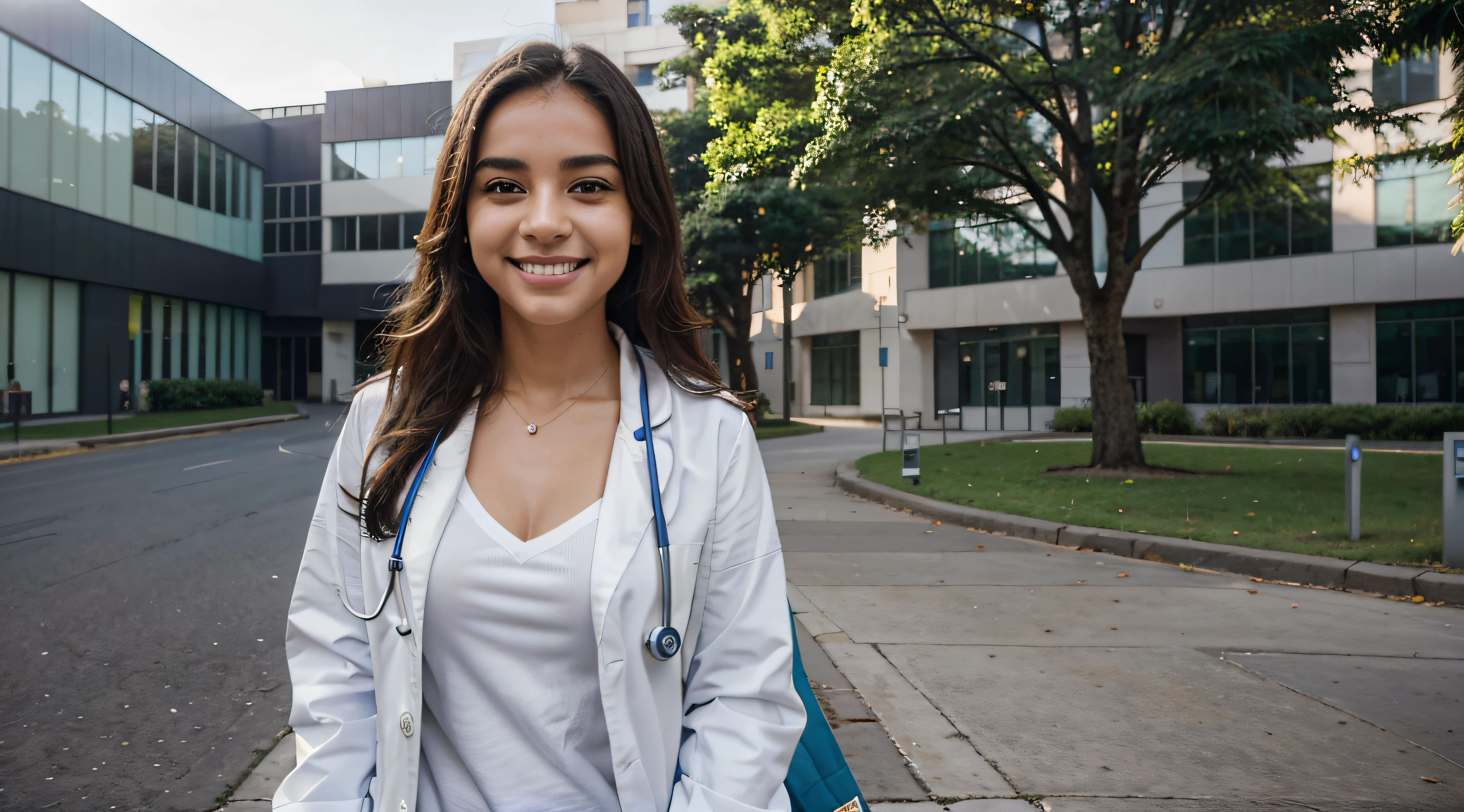 Gerar uma imagem de uma estudante de medicina brasileira caminhando pelo campus limpo e moderno da faculdade de medicina da universidade. She's wearing a white coat over her medical scrubs, Carry a stethoscope around your neck, e tem um brilho, Sorriso confiante no rosto. the sun is shining, Create a pleasant and welcoming environment on campus. The buildings and surroundings are immaculate;, with a sense of order and organization befitting a prestigious medical institution. Capture o senso de otimismo e profissionalismo enquanto ela percorre o campus.