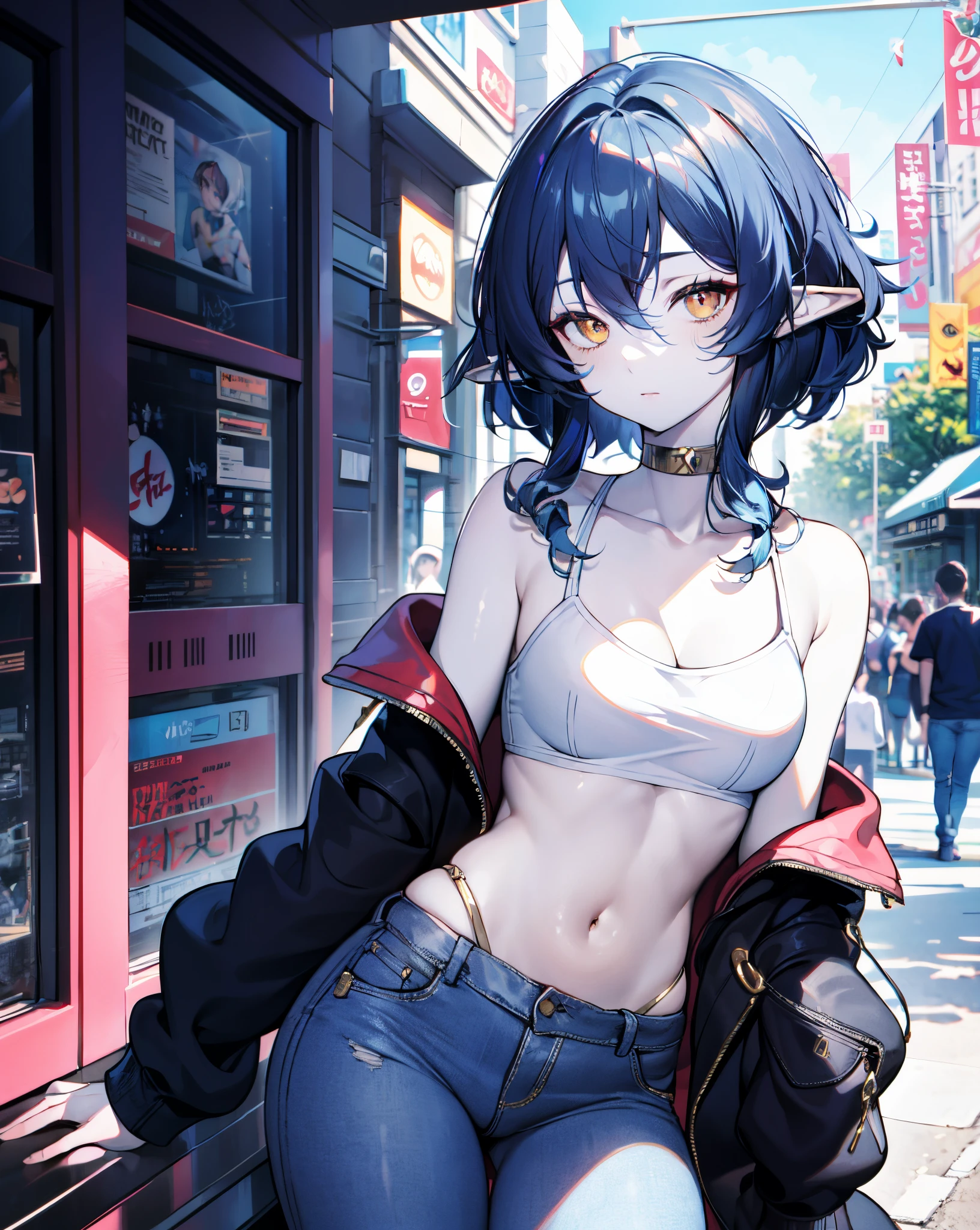 (masterpiece:1.2), (pale skin:1.2), (solo:1.2), (female:1.1), (emphasis lines:1.3), short hair, dark blue hair, elf ears, golden eyes, outdoors, crop top, navel, collarbone, modern, jeans, open jacket