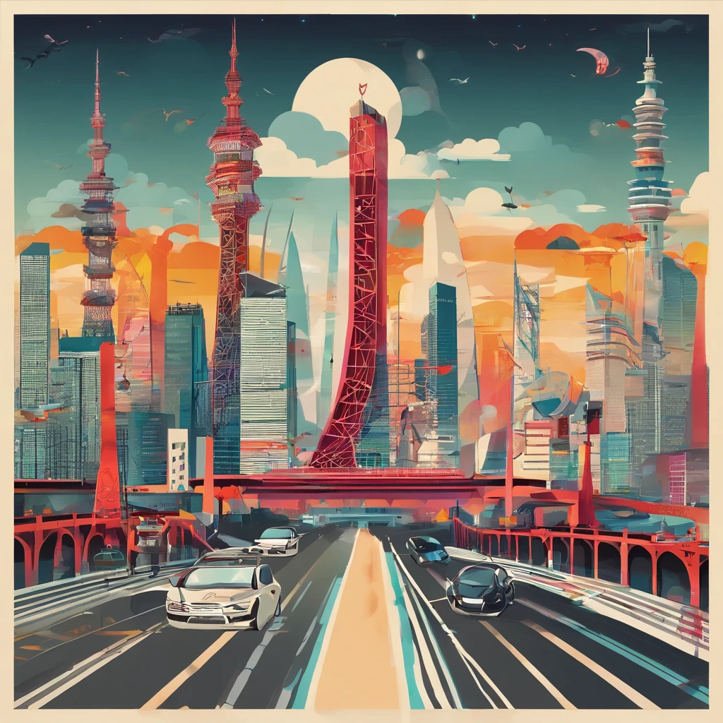 Down RT.Chapter 66 Before the big storm, retrospective, annual light display, cumulonimbus clouds, Volumetriclighting, Big sky has a poster，A picture of a city and a ship on top of the Canton Tower in Guangdong, vibrant tourism poster, Poster illustration, travel poster, illustrated poster, skyscrapers and flying cars, Canton Tower daytime cityscape, rios、High speed rail promotional poster, Hong Kong-Zhuhai-Macao Bridge，high speed rail high speed rail、hsr、High speed rail modern city landscape, Shenzhen, Guangdong, poster for, colorful city,osaka skyline background,Close up of a beautiful art illustration poster with waves and buildings in Guangdong， Poster art inspired by Victo Ngai， pixiv， number art， victor my style， At that time Martin， z style art work.Show on the.to the, Defeat Ngai.unreal-engine, Poster illustration, Victor May and Tristan Eaton