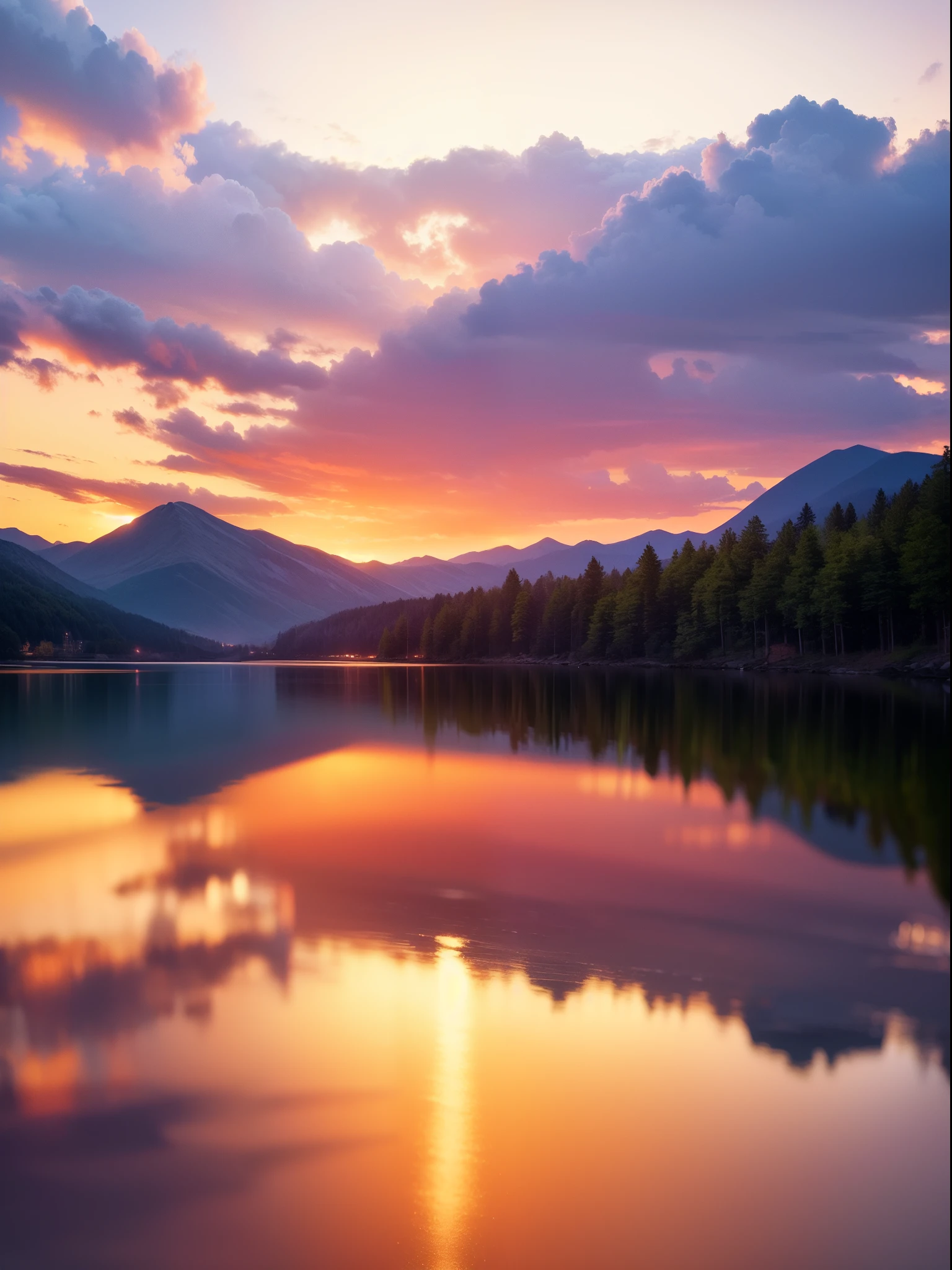 "Generate a vivid and realistic landscape image of a serene sunset scene over a tranquil lake with mountains in the background. Include warm hues, reflections on the water, and a sense of calm. The image should be in a widescreen format with a resolution of at least 1920x1080 pixels."