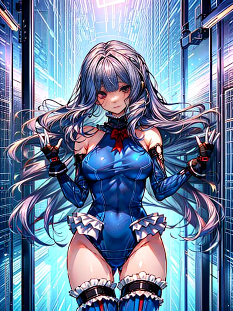 (1girl in：1.2, ( (digital) ( (Inside a facility lined with futuristic brainwashing devices:1.2), medium breasts, (fril swimsuit, thighs thighs thighs thighs, Detached sleeves)) , Best Quality, marierose,、Hypnorola
Eyes in the sky、1girl in,Emotionless facial expressions,