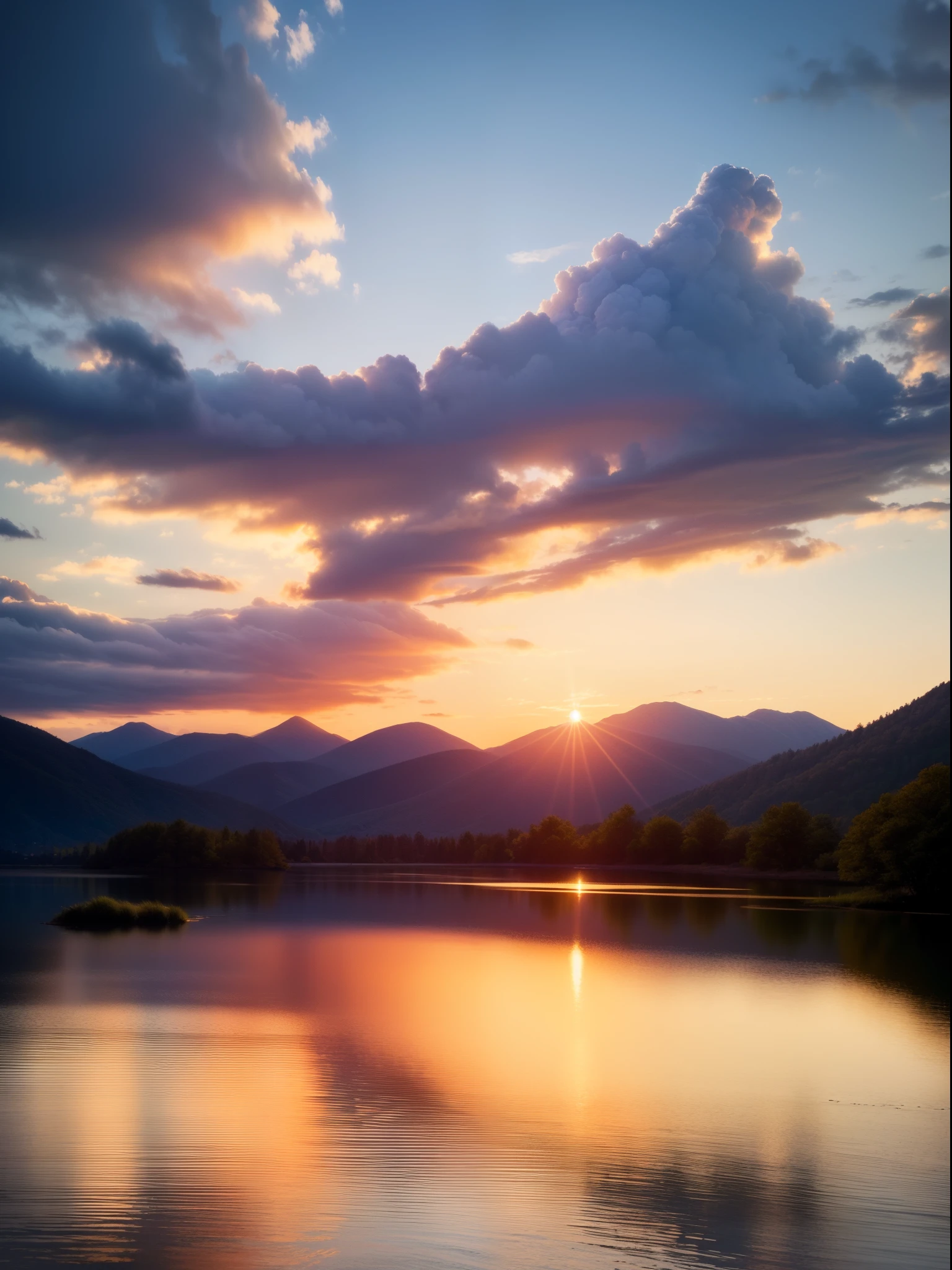 "Generate a vivid and realistic landscape image of a serene sunset scene over a tranquil lake with mountains in the background. Include warm hues, reflections on the water, and a sense of calm. The image should be in a widescreen format with a resolution of at least 1920x1080 pixels."