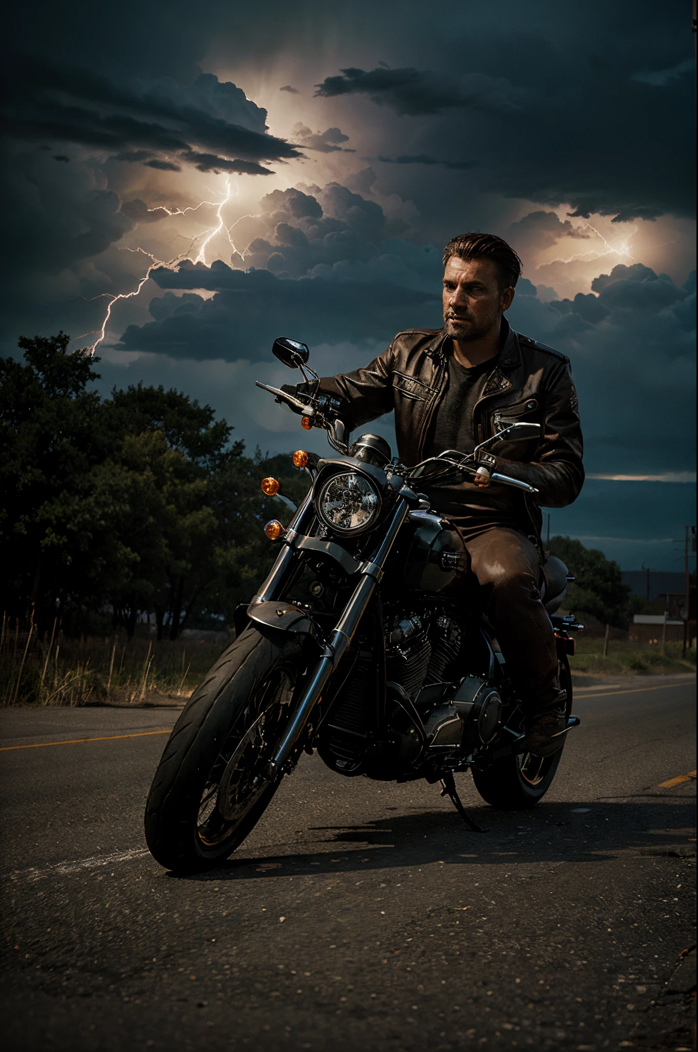 high quality, cinematic ray , realistic digital art illustration epic lightning, high detail,cinematic lightning, a man driving a harley davidson v rod
