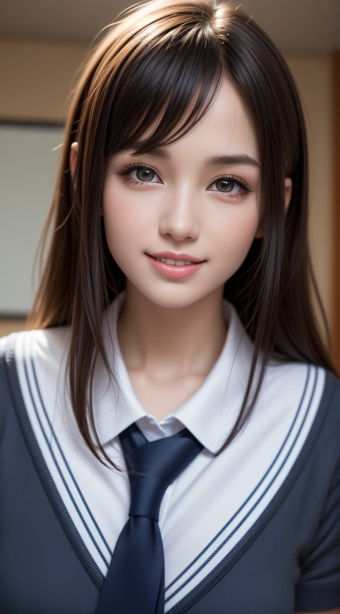 masutepiece, Best Quality, 8K, 8years old, Teen, Raw photo, absurderes, award winning portrait, Smile, Solo, (Night:1.8), Idol face, Delicate girl, Upper body, Digital SLR, Looking at Viewer, Candid, Sophisticated,Thin arms, Professional Lighting, Film grain, chromatic abberation, (Eyes and faces with detailed:1.0), (Bokeh:1.1) , (Office Lady Uniform:1.1) , closes mouth , A dark-haired , drooing eyes , large full breasts , (Thick lip:1.2) , 15-year-old face , red-lips
