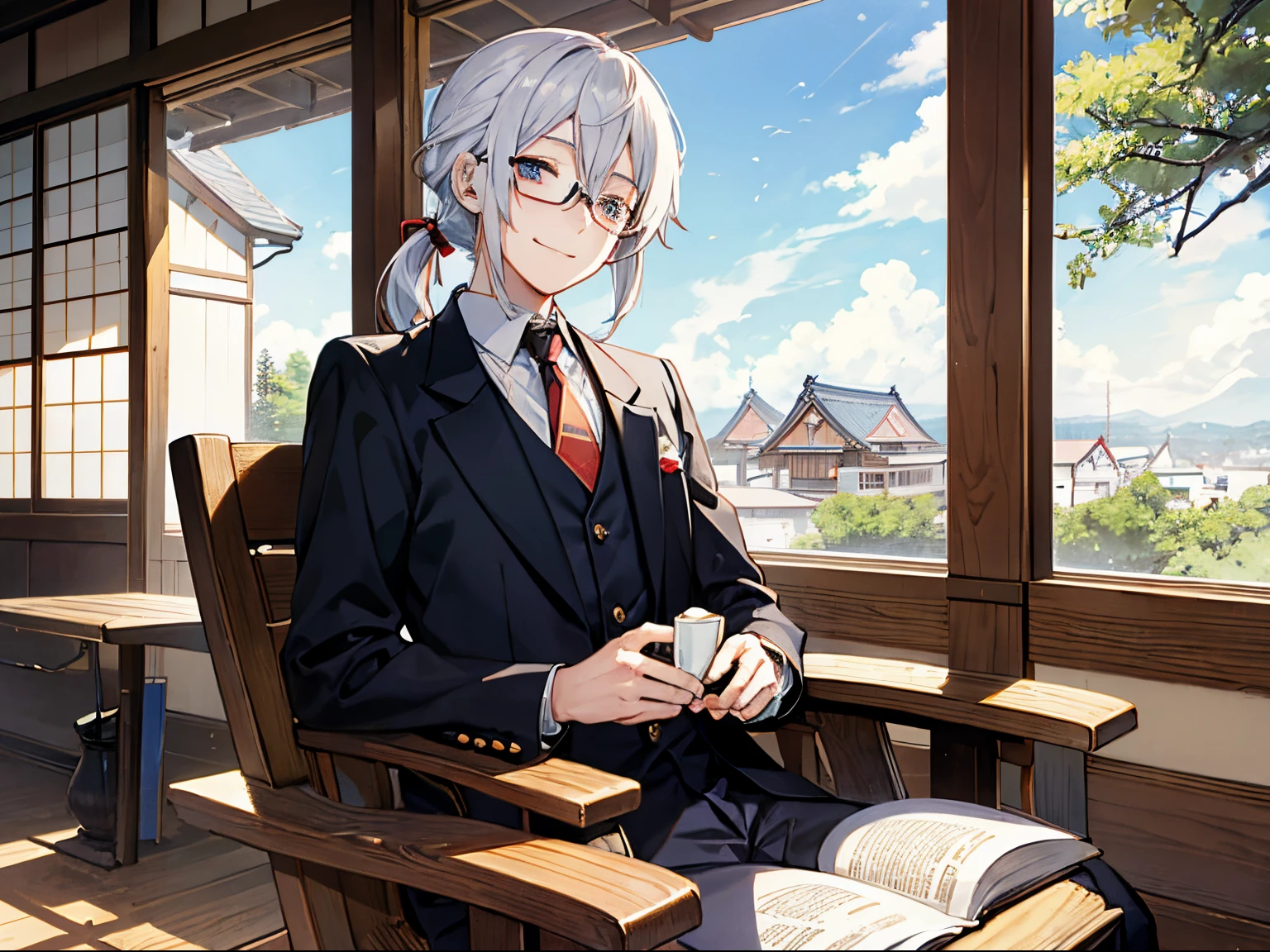 Japan male teenager、One、He wears round glasses with no rims、white  hair、poneyTail、tailcoat、neck tie、Hats、Veranda of the lodge、Sit in a wooden rocking chair、Relaxing with a smile on his face、Books on the desk
