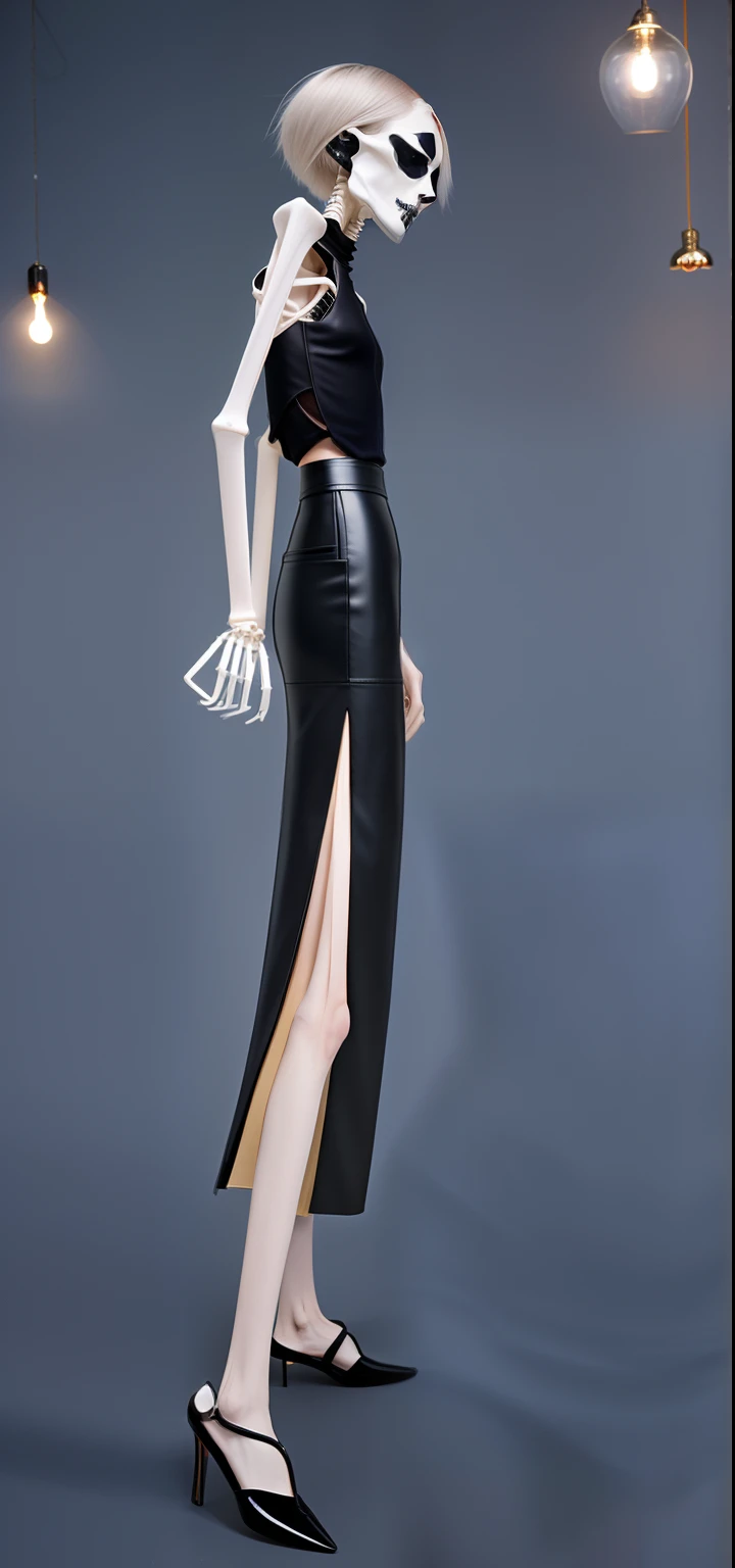 extremely thin woman, A thin body,Protruding sternum,The waist is very thin,The ribs are noticeable,Protruding ribs,The pelvic protrusion is very obvious,The pelvis is markedly elevated,Fair skin,thin shoulde,The waist is very thin,extremely thin,Sunken abdomen,Delicate arms,skin and bones,Short hair details and face shape,Wear a tight leather skirt,Asia face,Body as thin as a skeleton,angry look,weeping,Face becomes thinner,Severe malnutrition