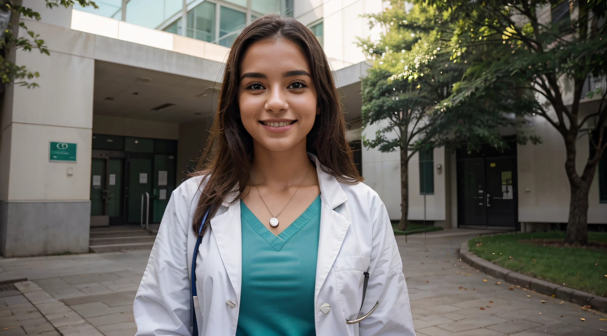 Gerar uma imagem de uma estudante de medicina brasileira caminhando pelo campus limpo e moderno da faculdade de medicina da universidade. She's wearing a white coat over her medical scrubs, Carry a stethoscope around your neck, e tem um brilho, Sorriso confiante no rosto. the sun is shining, Create a pleasant and welcoming environment on campus. The buildings and surroundings are immaculate;, with a sense of order and organization befitting a prestigious medical institution. Capture o senso de otimismo e profissionalismo enquanto ela percorre o campus.