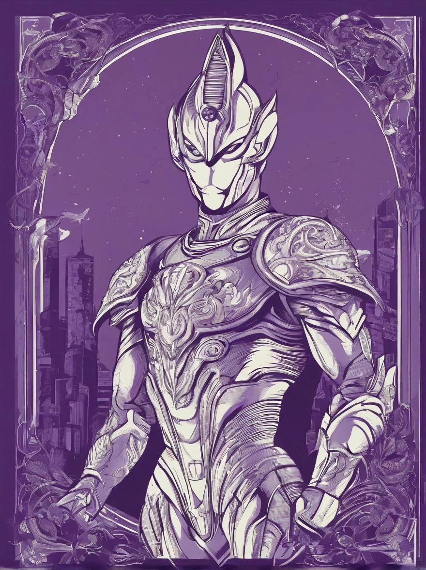 [ Amazing | astounding | delicated ] [Visually inspect the audience]Ultraman&#39;s character statue ， （Best quality， tmasterpiece）， 1人， looking at viewert，lightwave ， City smoke background， upper part of body， Contemporary，Purple Ultraman Tiga Color Color。[dot paper effect]