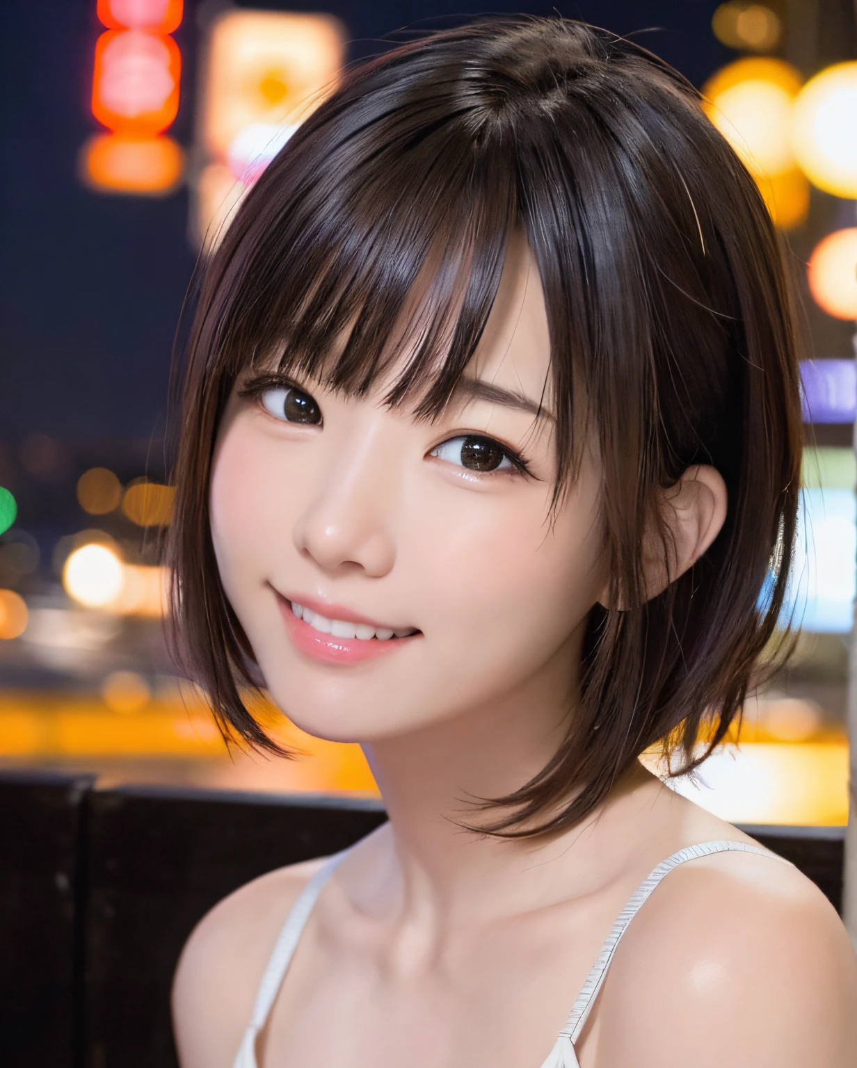 One Girl, (White tube top bra:1.8),((Close-up of face:1.4))、((a little heavy makeup:1.3))、 (RAW Photos, highest quality), (Realistic, Photorealistic:1.4), Tabletop, Very delicate and beautiful, Very detailed, 2k wallpaper, wonderful, In detail, Very detailedな CG Unity 8K 壁紙, Very detailedな, High resolution, Soft Light, Beautiful detailed girl, Very detailedな目と顔, Beautifully detailed nose, Beautiful fine details, Cinema Lighting, City lights at night, Perfect Anatomy, Slender body, smile