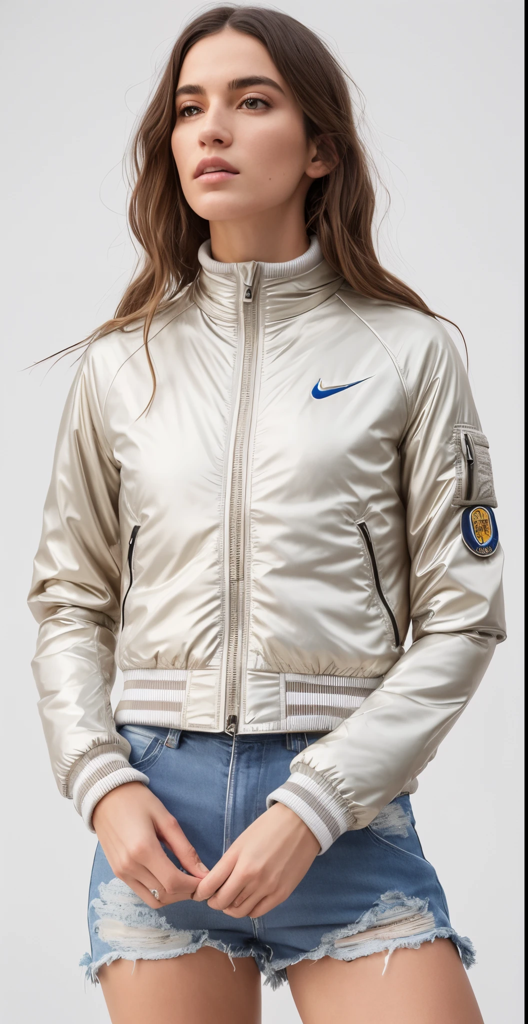 uma mulher de jaqueta branca e shorts cinza posando para uma foto, suit jacket, jaqueta curta, jaqueta esportiva, white jacket, translucent body, jaqueta sobre tronco nu, desgaste sutil - e - rasgo, corpo transparente, INSPO, roupas esportivas, encapuzado, wearing jacket, Fato de ciclismo Nike, roupas esportivas, jaqueta bomber, Metal Refletivo, jaqueta puffer transparente, fotografia realista, fotografia, obra-prima, realista, Realismo, renderizado, Alto contraste, Arte Digital, fotográficorealista, trend in Artstation 8k HD, high definiton, circunstanciado, Realistic, detalhada, textura da pele, hiperdetalhada, Textura realista da pele, melhor qualidade, ultra high-resolution, (fotografia realista: 1.4), alta resolução, detalhada, fotografia crua, Crisp resolution, Nikon d850 filme, fotografia de stock 4, Kodak Portra 400 Camera F1 Lens.6, textura hiper realista, lighting dramatic, Unrealistic trend in Artstation Cinestill 800, RAW.