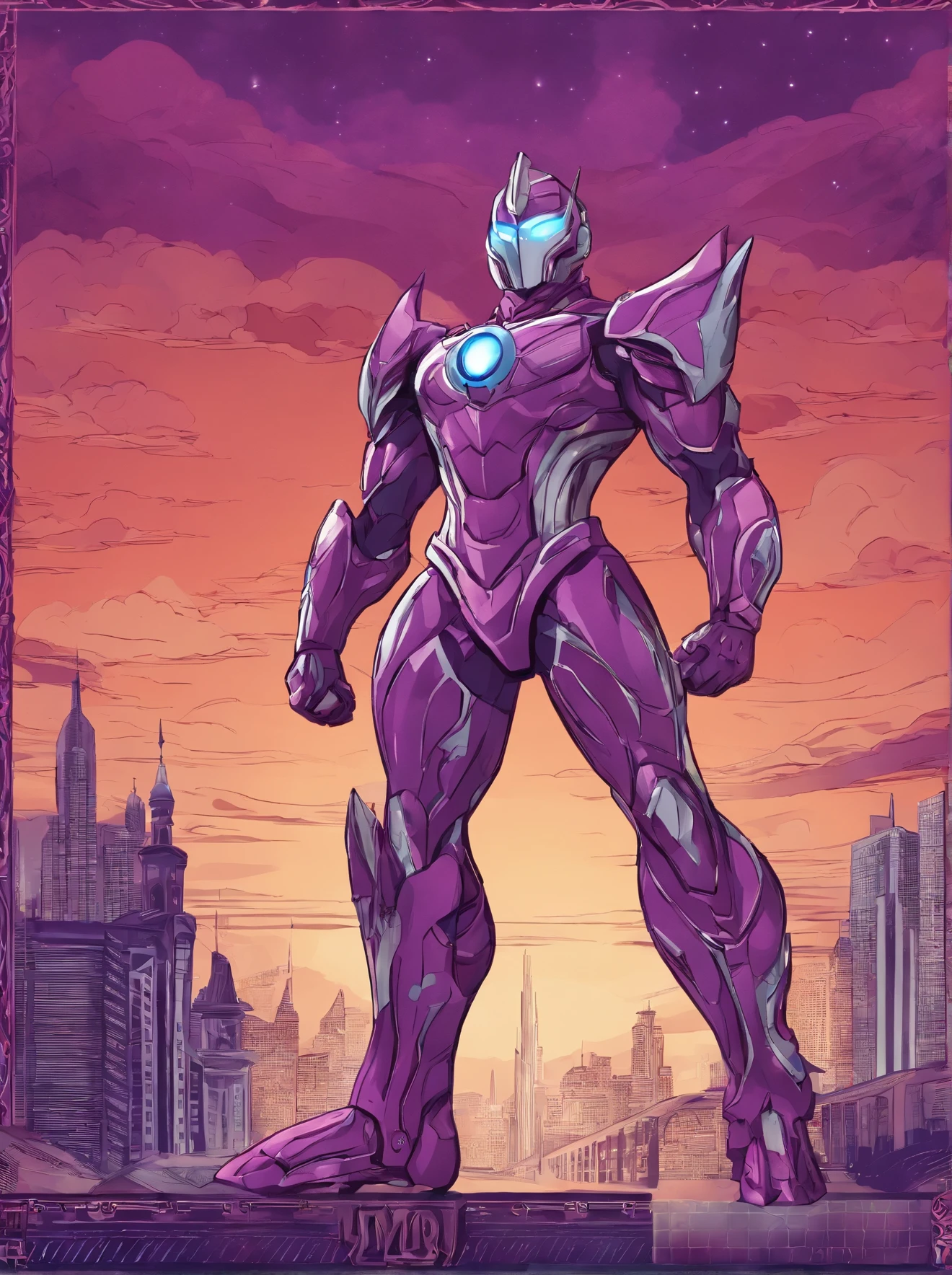 [ Amazing | astounding | delicated ] [Visually inspect the audience]Ultraman&#39;s character statue ， （Best quality， tmasterpiece）， 1人， looking at viewert，lightwave ， City smoke background， upper part of body， Contemporary，Purple Ultraman Tiga Color Color。[dot paper effect]