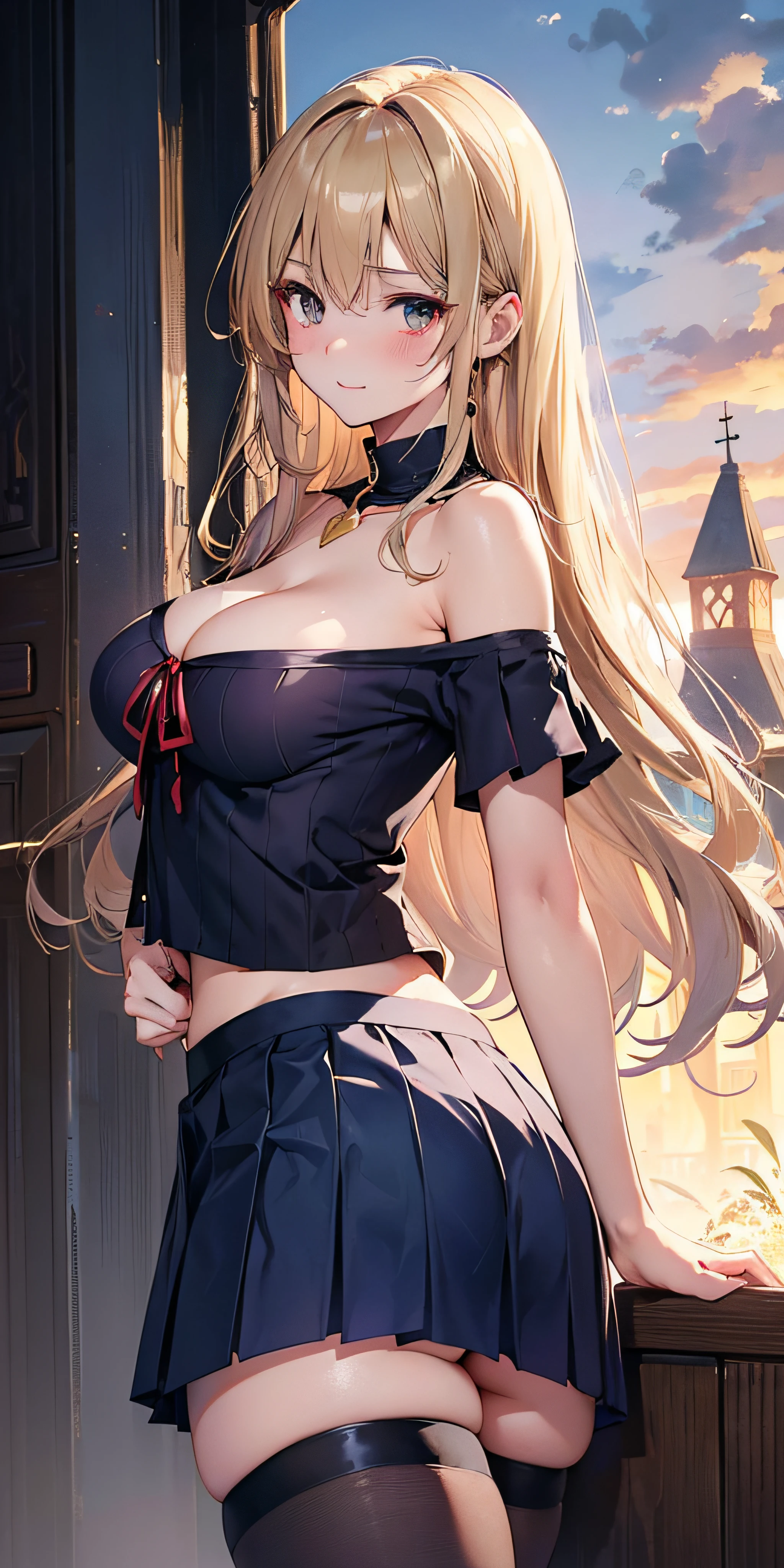 Adult Woman, Sexy Witch Cosplay, Long dark blonde wavy hair、off-shoulder knit, (darkblue pleated skirt), Medium milk, Blushing, Shy laughter, Bare shoulders、(Pose to lean forward and emphasize the chest)、(turned around)、sexy hips、Sexy red underwear、Black High Heels、Luxurious magic wand and book、Church of the castle、sexy pose、(((The skirt is rolled up by the wind)))、((buttocks visible))、((embarassed expression))