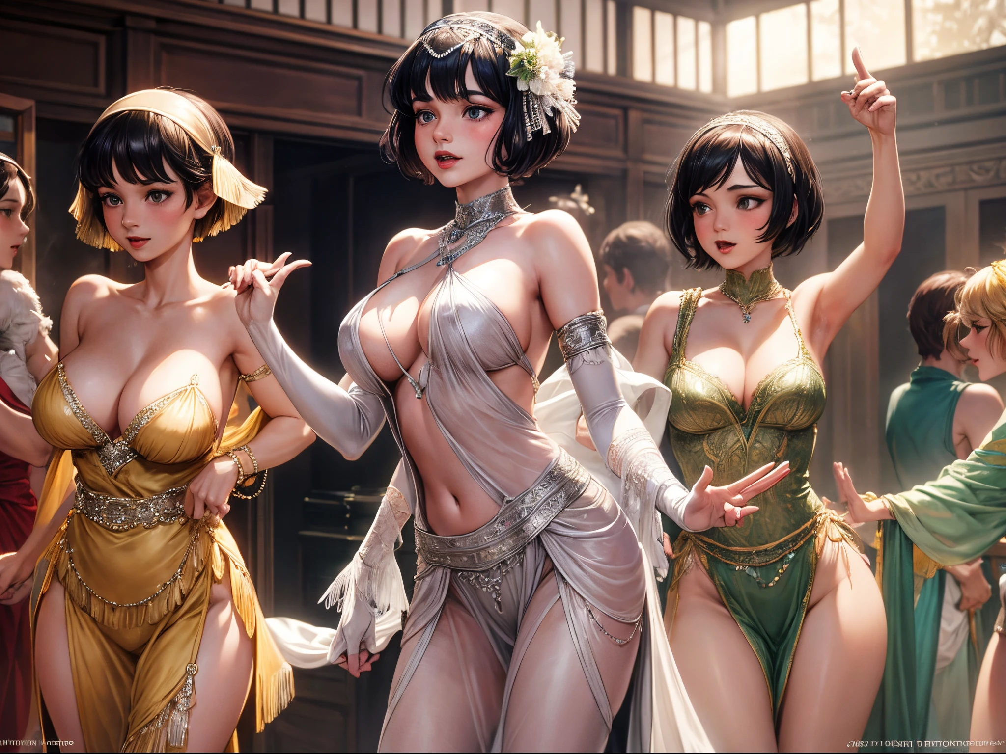 A group of 1920s flapper girls with large breast dressed in clothes of the era in a speak easy dancing, 8k, hdr, high quality, masterpiece, perfect face, highly detailed, photorealistic