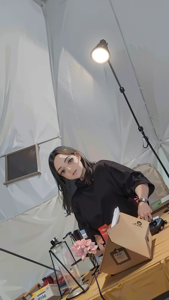 Woman in black shirt makes a box of food in tent, Caring for the Art Station, art station trading, interior of tent, The music being played, Taken on Go Pro Hero8, leaked image, Shot using gopro9, Shot with Canon 80D, low quality photo, Shoot with an iPhone, Shot with Sony alpha 9, very very low quality picture