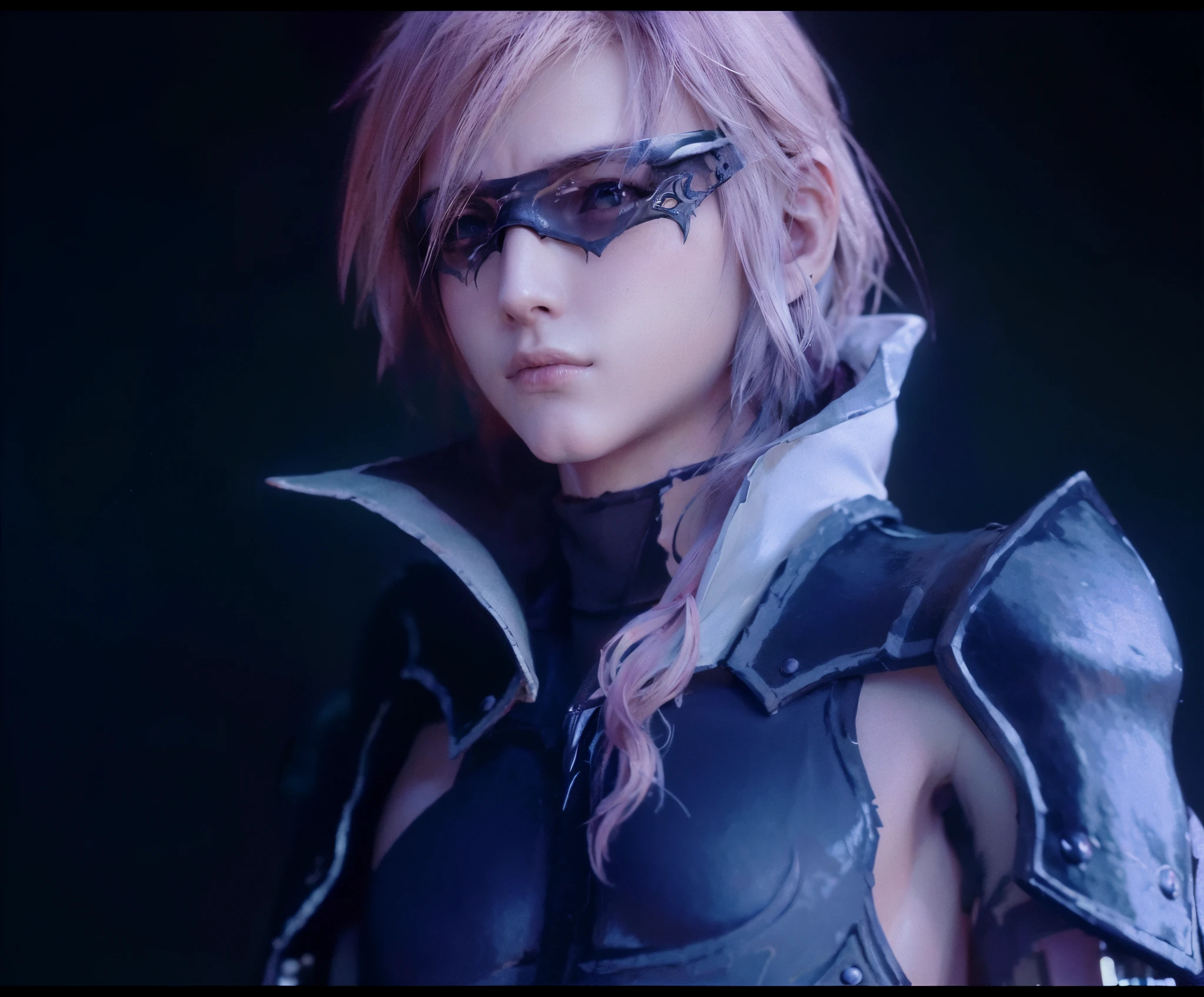 Close-up of a man wearing a mask and leather jacket, From《Final Fantasy 13》, square enix cinematic art, From Final Fantasy, final fantasy character, final fantasy face, salama, style of final + fanciful + 1 5, Style Games Square Enix, lightning eyes, Square Enix, final fantasy, final fantasy, GameCG, Final Fantasy 1 4