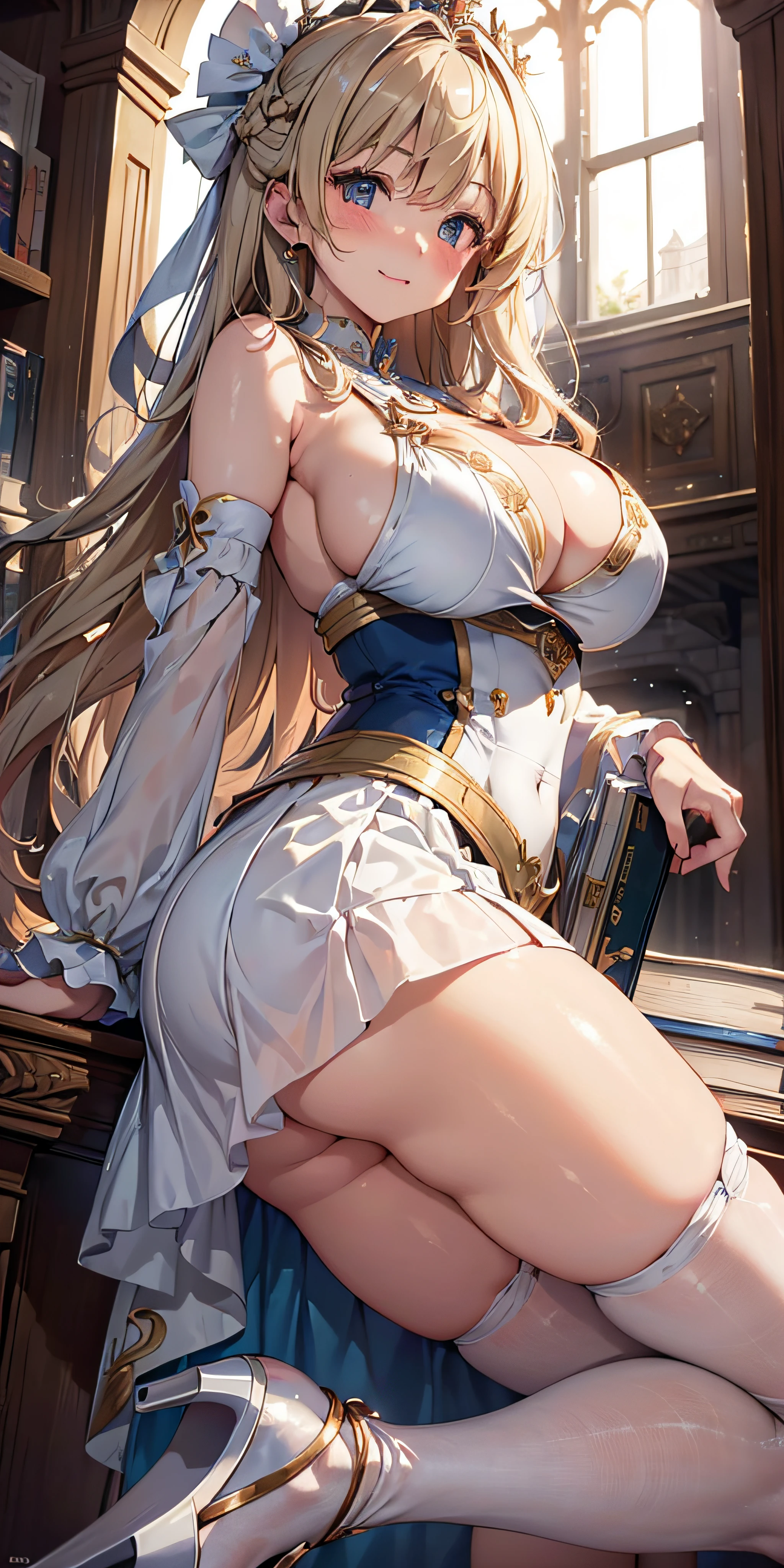 masutepiece, Best Quality, the Extremely Detailed CG Unity 8K Wallpapers, Beauty Priestess Costume, Long dark blonde wavy hair、Gorgeous dress in white and blue, (Long flared skirt), Medium milk, Puffy nipple、Blushing, Shy laughter, Bare shoulders、sexy hips、sexy underwear、Blue High Heels、Luxurious magic wand and book、Church of the castle、sexy pose、(Poses that emphasize the buttocks)