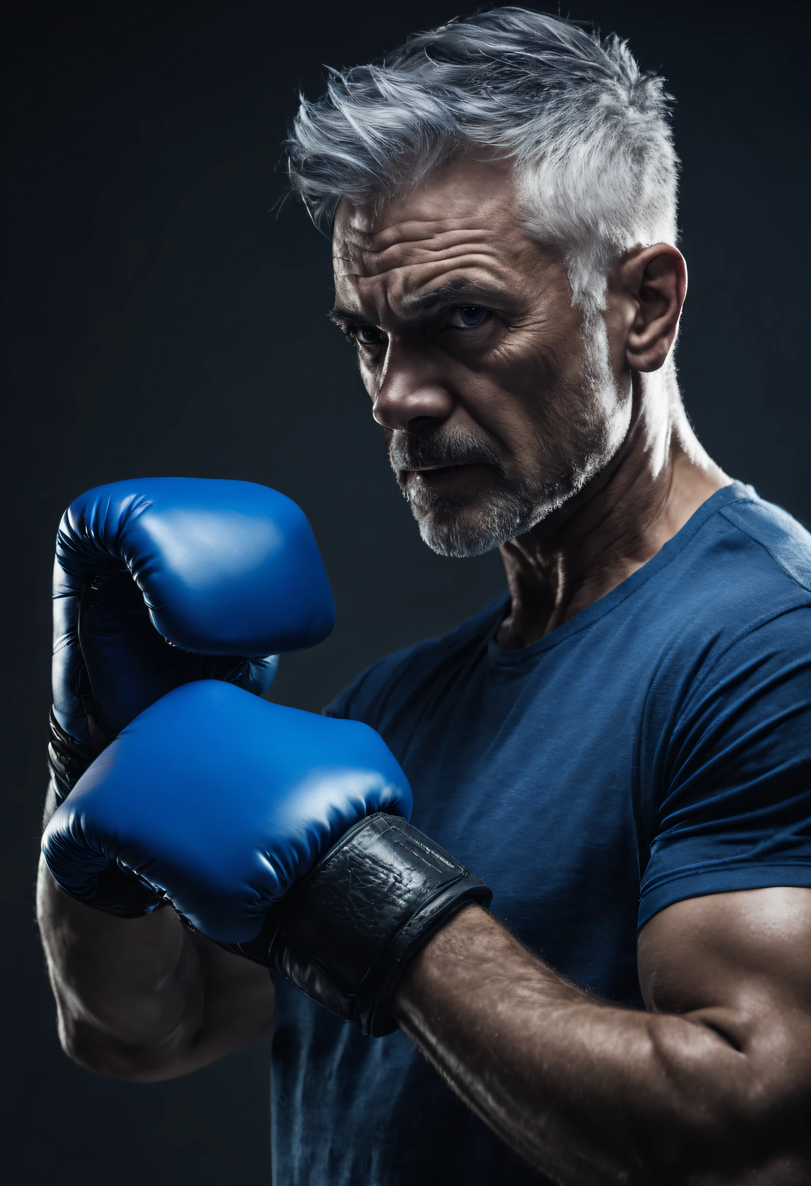 handsome boxer, 40s, gray hair, blue boxing glove, blue t-shirt, normal face, half body, cinematic lighting, very detailed, 8k, hazy background