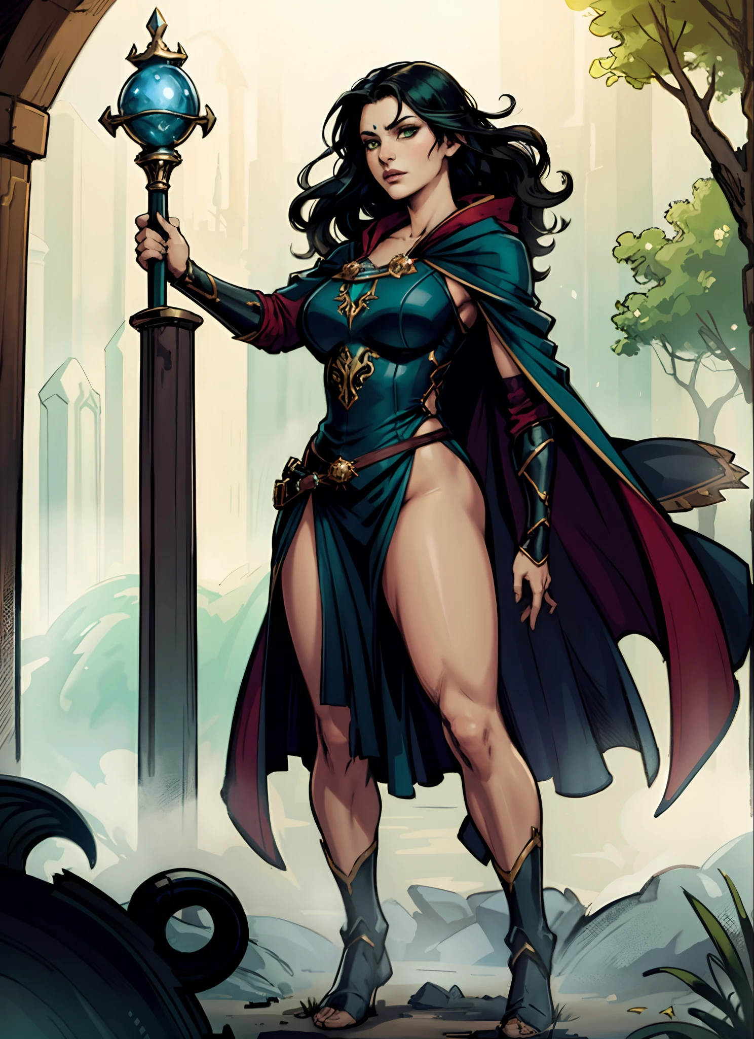 beautiful woman, a battle mage, wearing long robes, thigh slit, (epic fantasy), (using magic, magical aura, particle effects), (wide stance, standing legs apart) short wavy black hair, green eyes, (solo), realistic, depth of field