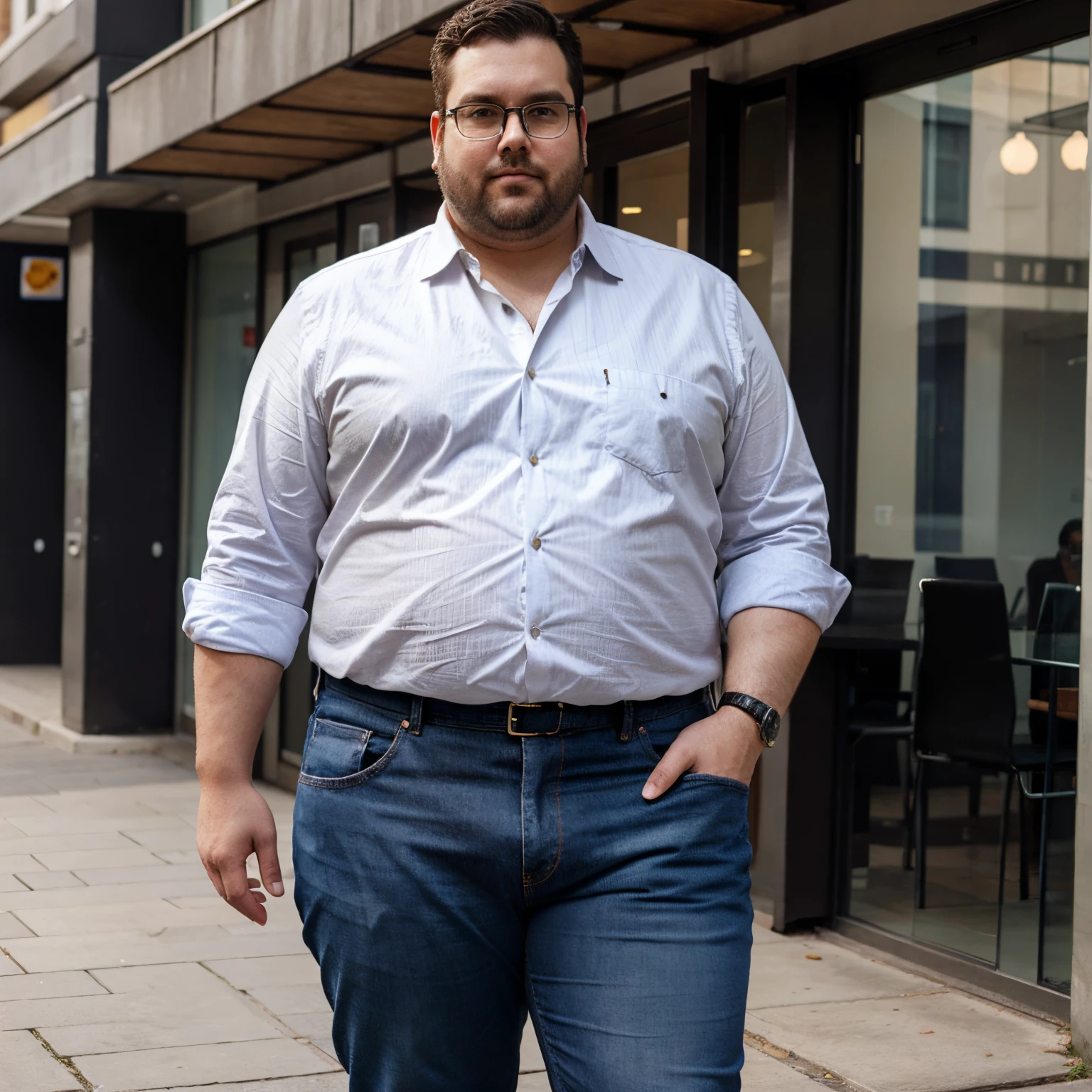 Tall overweight man with square glasses in jeans and formal blouse