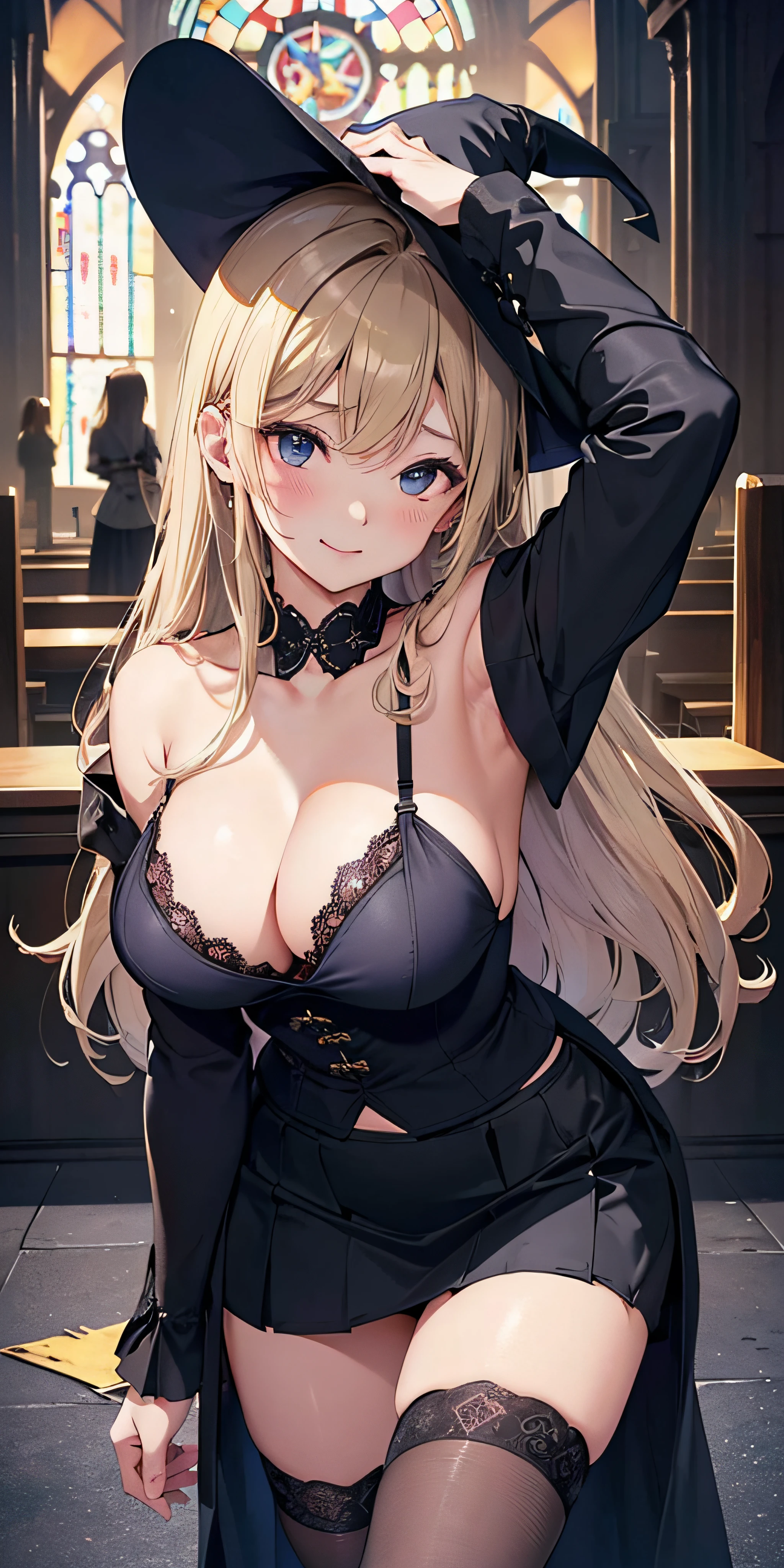 Adult Woman, Sexy Witch Cosplay, Long dark blonde wavy hair、off-shoulder knit, (Dark blue skirt), Medium milk, cute smile face、Bare shoulders、(Pose to lean forward and emphasize the chest)、(turned around)、sexy hips、Sexy red underwear、Black High Heels、Luxurious magic wand and book、Church of the castle、sexy  pose、(((The skirt is rolled up by the wind)))、((buttocks visible))、((embarassed expression))、Sexy black lace panties、Sexy lace bra