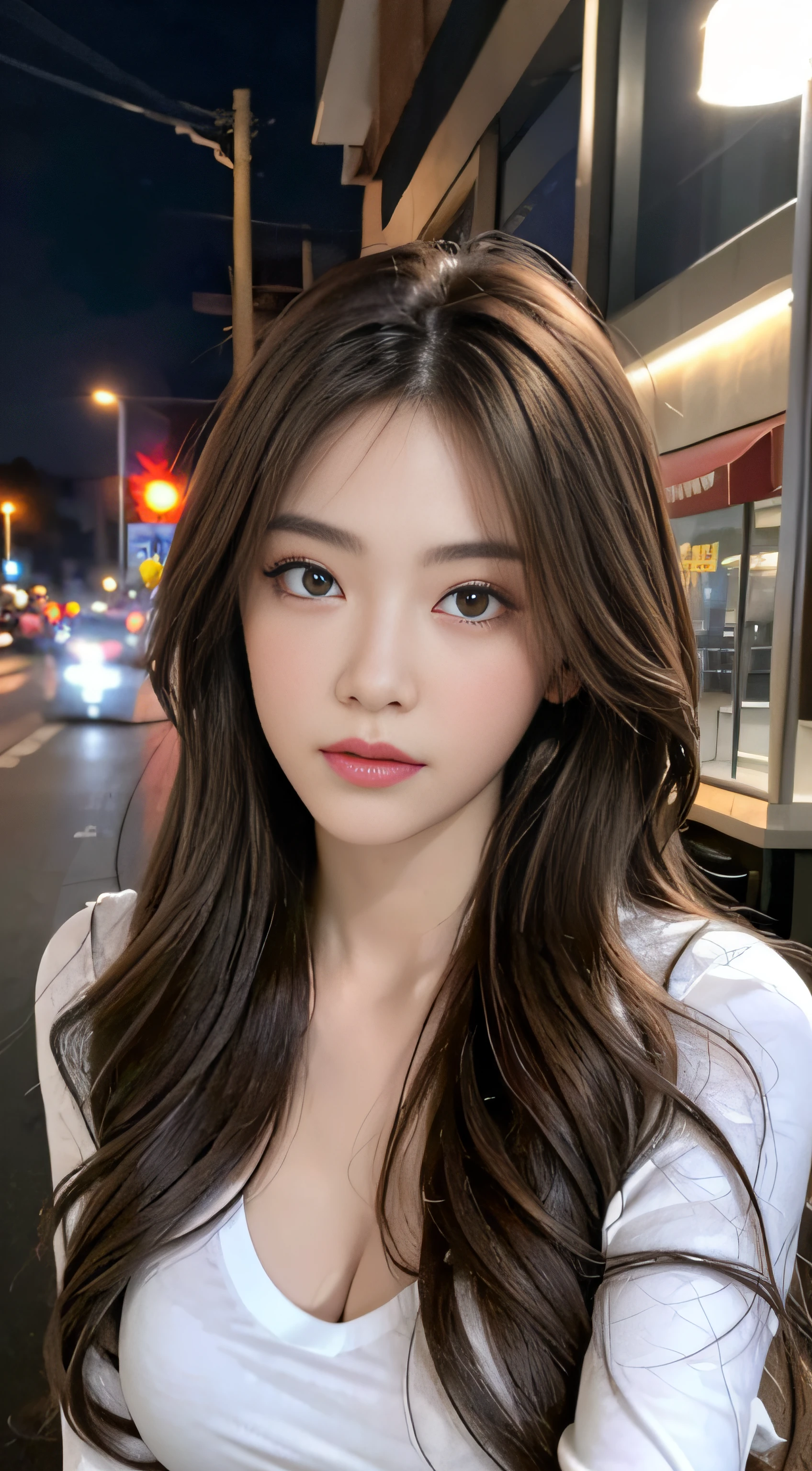 ((Realistic lighting, top quality, 8K, Masterpiece: 1.3)), Clear Focus: 1.2, 1 girl, Perfect Body Beauty: 1.4, Slim Abs: 1.1, ((Dark Brown Hair, Big: 1.3)), (Acceleration: 1.4), (Outdoor, Night: 1.1), Street, Slender Face, Narrow Eyes, Double Eyelids, Exposed Cleavage, Incredibly Ridiculous, Messy Hair, floating hair, long sleeve t-shirt, fashion model pose,