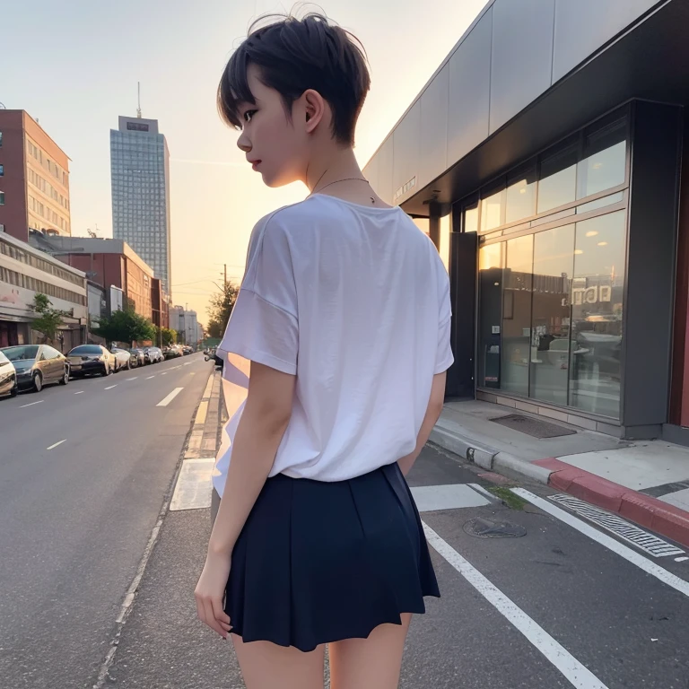 20yr old、femele、skirt by the、Shorthair、look outside the building、posterior view、Sunset