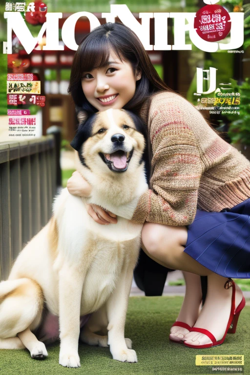 magazine cover without title,、FULL BODYSHOT,Natural navel、１０ Large dog posing with a 1--old l,shyly smile,7 months nt,Hugs of large dogs,Real Light,Commemorative photo of a pregnant woman and her dog in Japan、(NSFW)