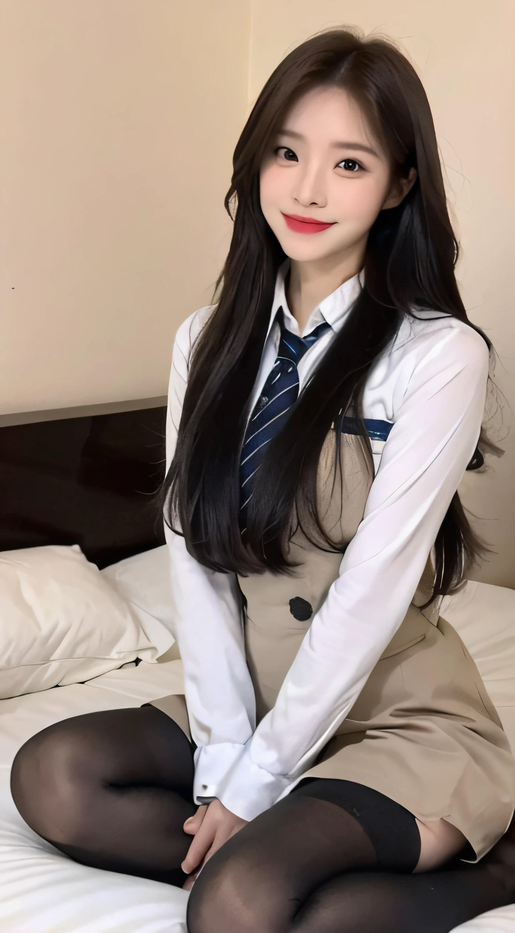 (1 Korean star with royal sister style), ((Best quality, 8K, 巨作: 1.3)), focal point: 1.2, Perfect body proportions: 1.4, (Make a smile), (Ray traching),Watery eyes, Highly Detailed Face and Skin Textur, Fine eyes, Double eyelids, Whitens the skin, (long whitr hair, Air bangs: 1.3), (face round: 1.5), (JK school uniform: 1.4), (duck sitting,sit on a bed: 1.6),(black lence stockings: 1.4),(JK style:1.4),(Colorful background)