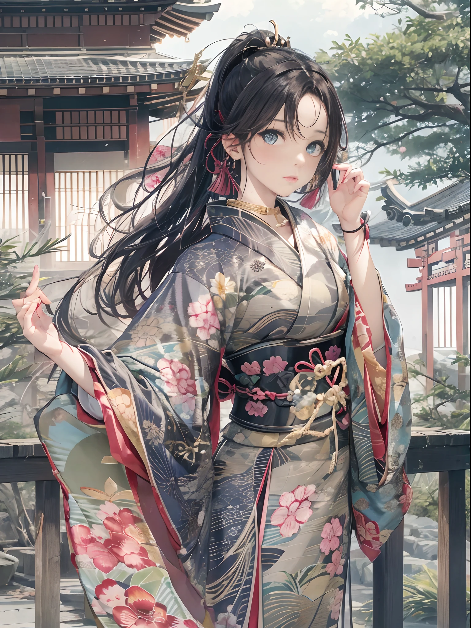 Long ponytail, Eyes are brown, Woman with black hair、sexy facial expression、wear a green kimono、beautiful japanese princess、Colossal tits、Beautiful hands in calculation、Calculated beautiful feet、Anatomy of the hand、japanese kimono、Top image quality,High quality、ＲAW Image、Realistic、The background is inside the castle of Japan、Luxurious、gorgeous、Elegant