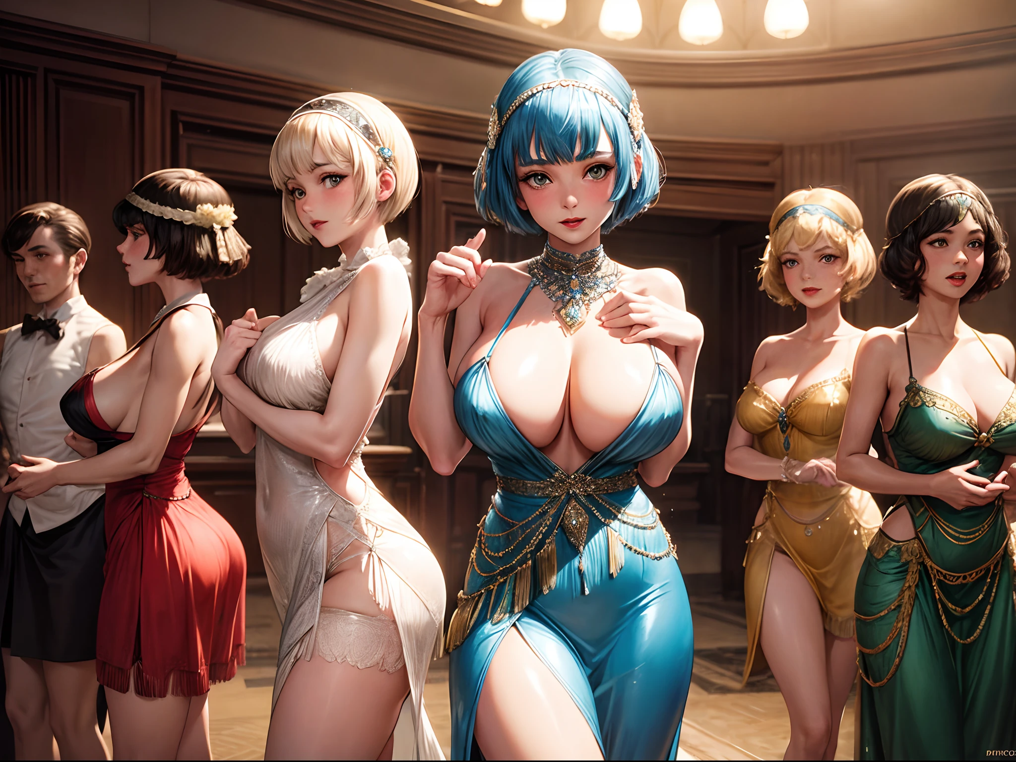 A group of 1920s flapper girls with large breast dressed in clothes of the era in a speak easy dancing, 8k, hdr, high quality, masterpiece, perfect face, highly detailed, photorealistic