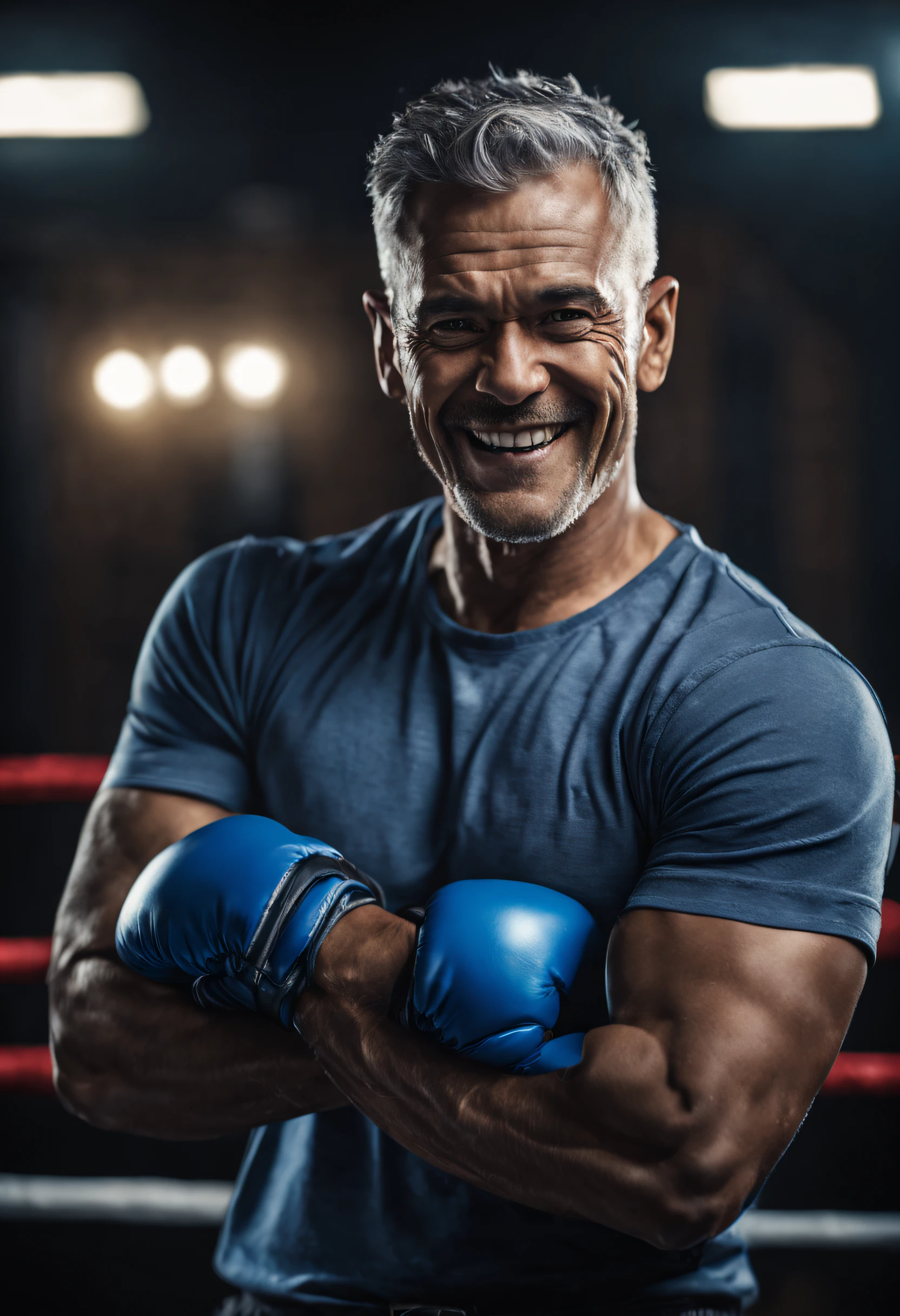 handsome boxer, 40s, gray hair, blue boxing glove, blue t-shirt, smiling face, half body, cinematic lighting, very detailed, 8k, cinematic background