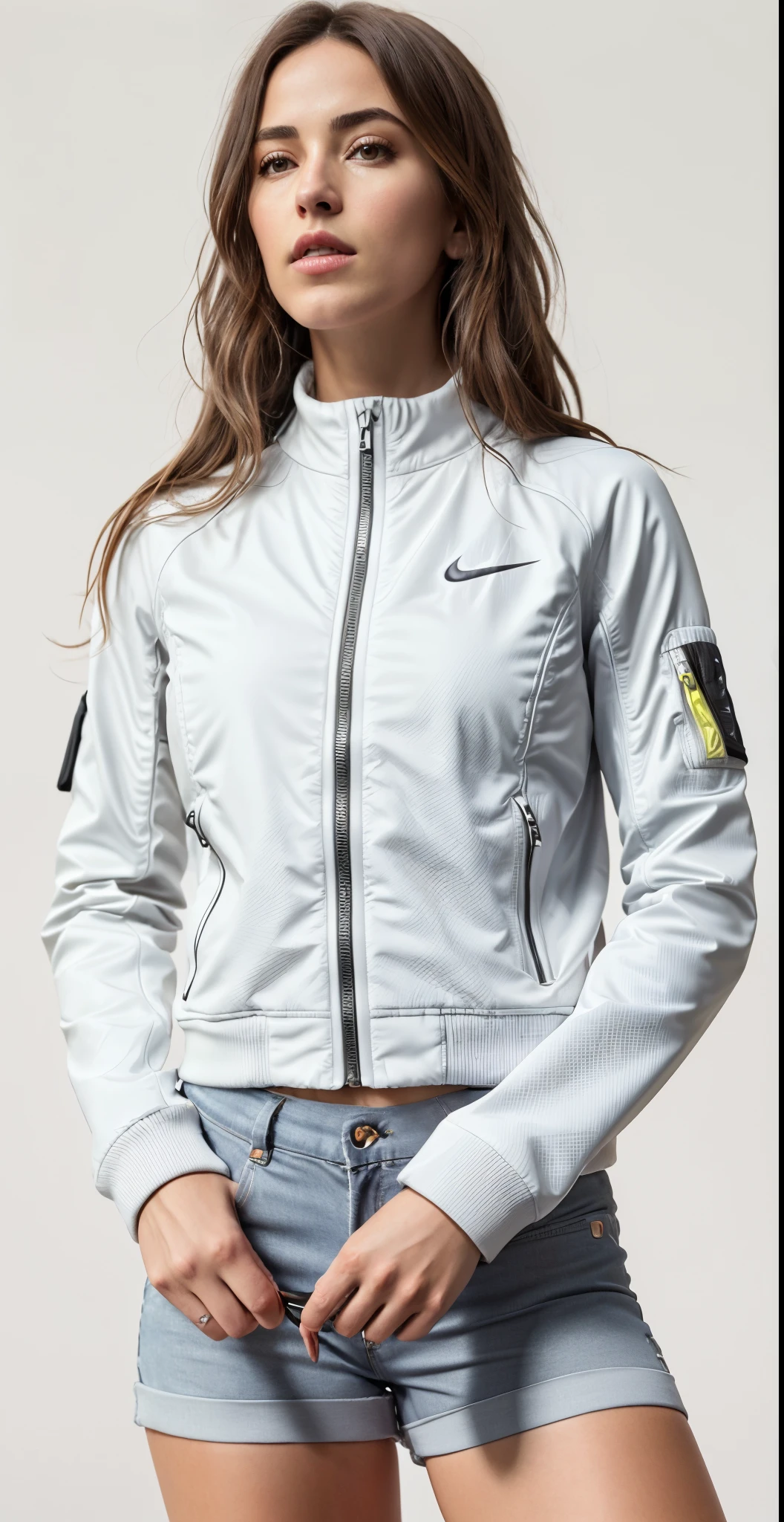 uma mulher de jaqueta branca e shorts cinza posando para uma foto, suit jacket, jaqueta curta, jaqueta esportiva, white jacket, translucent body, jaqueta sobre tronco nu, desgaste sutil - e - rasgo, corpo transparente, INSPO, roupas esportivas, encapuzado, wearing jacket, Fato de ciclismo Nike, roupas esportivas, jaqueta bomber, Metal Refletivo, jaqueta puffer transparente, fotografia realista, fotografia, obra-prima, realista, Realismo, renderizado, Alto contraste, Arte Digital, fotográficorealista, trend in Artstation 8k HD, high definiton, circunstanciado, Realistic, detalhada, textura da pele, hiperdetalhada, Textura realista da pele, melhor qualidade, ultra high-resolution, (fotografia realista: 1.4), alta resolução, detalhada, fotografia crua, Crisp resolution, Nikon d850 filme, fotografia de stock 4, Kodak Portra 400 Camera F1 Lens.6, textura hiper realista, lighting dramatic, Unrealistic trend in Artstation Cinestill 800, RAW.