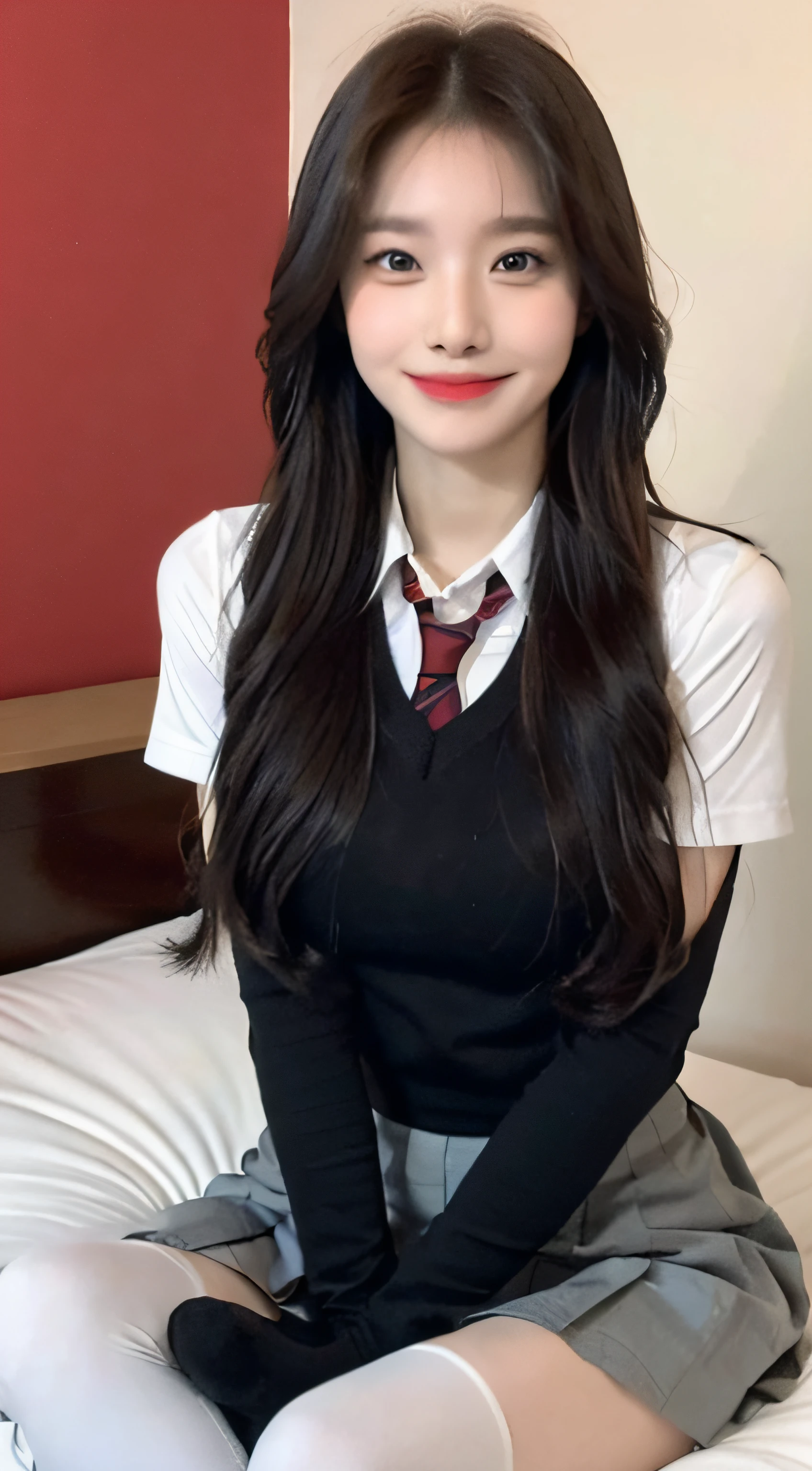 (1 Korean star with royal sister style), ((Best quality, 8K, 巨作: 1.3)), focal point: 1.2, Perfect body proportions: 1.4, (Make a smile), (Ray traching),Watery eyes, Highly Detailed Face and Skin Textur, Fine eyes, Double eyelids, Whitens the skin, (long whitr hair, Air bangs: 1.3), (face round: 1.5), (JK school uniform: 1.4), (duck sitting,sit on a bed: 1.6),(black lence stockings: 1.4),(JK style:1.4),(Colorful background)