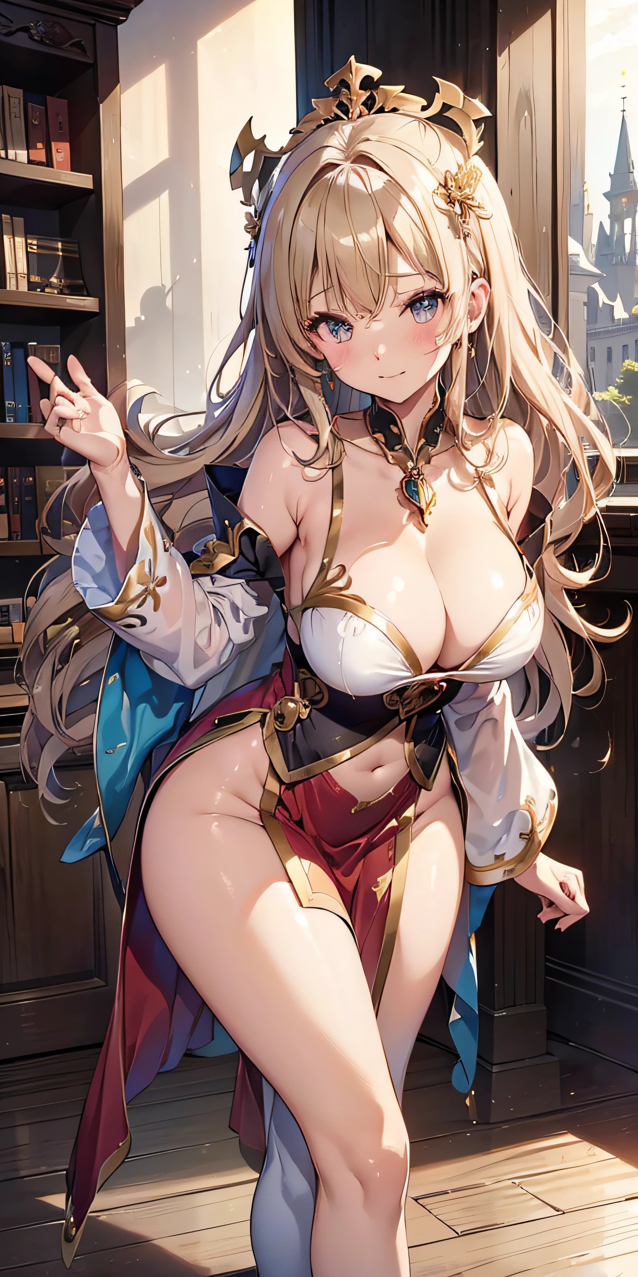 masutepiece, Best Quality, the Extremely Detailed CG Unity 8K Wallpapers, Beauty Priestess Costume, Long dark blonde wavy hair、gorgeous dress, Gorgeous Long Flared Skirt、Luxurious hair ornaments、Medium milk, Puffy nipple、Blushing, Shy laughter, Bare shoulders、sexy hips、high-heels、Luxurious magic wand and book、Church of the castle、sexy pose、(Poses that emphasize the buttocks)、Chest close and emphasis